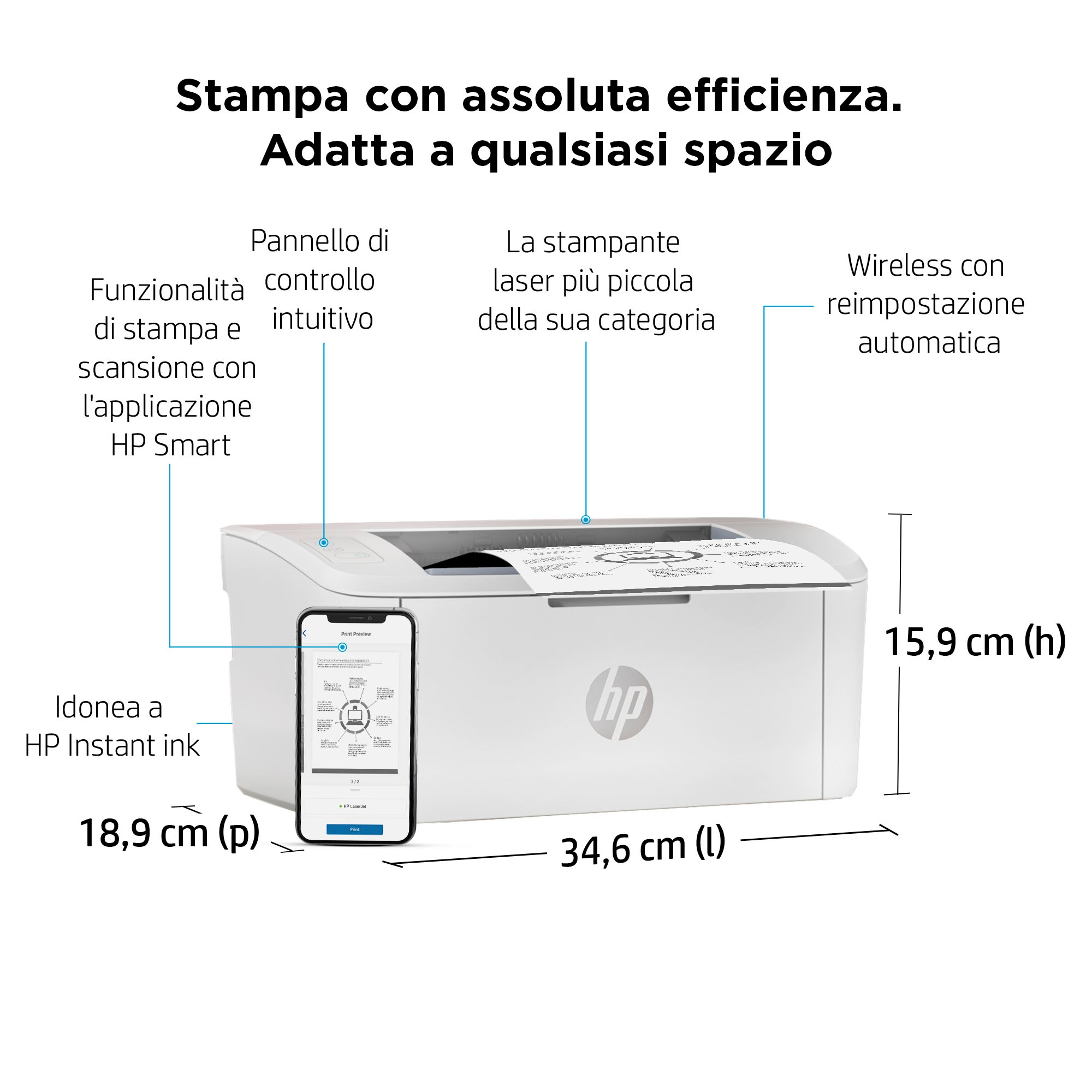 Weißer HP-Drucker mit Smartphone-Druckvorschau. Textdetails zu Funktionen und Abmessungen.