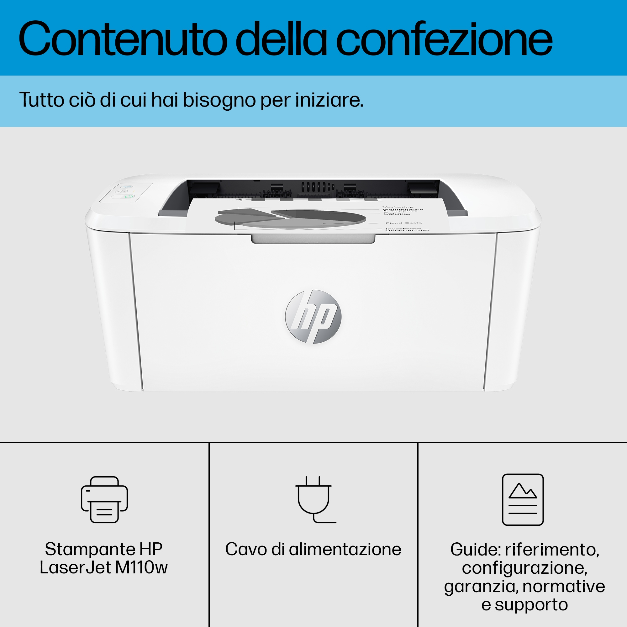 Ein weißer HP-Drucker mit Papierausgabe. Enthält Netzkabel, Drucker und Handbücher. Der Titel lautet 'Contenuto della confezione'.