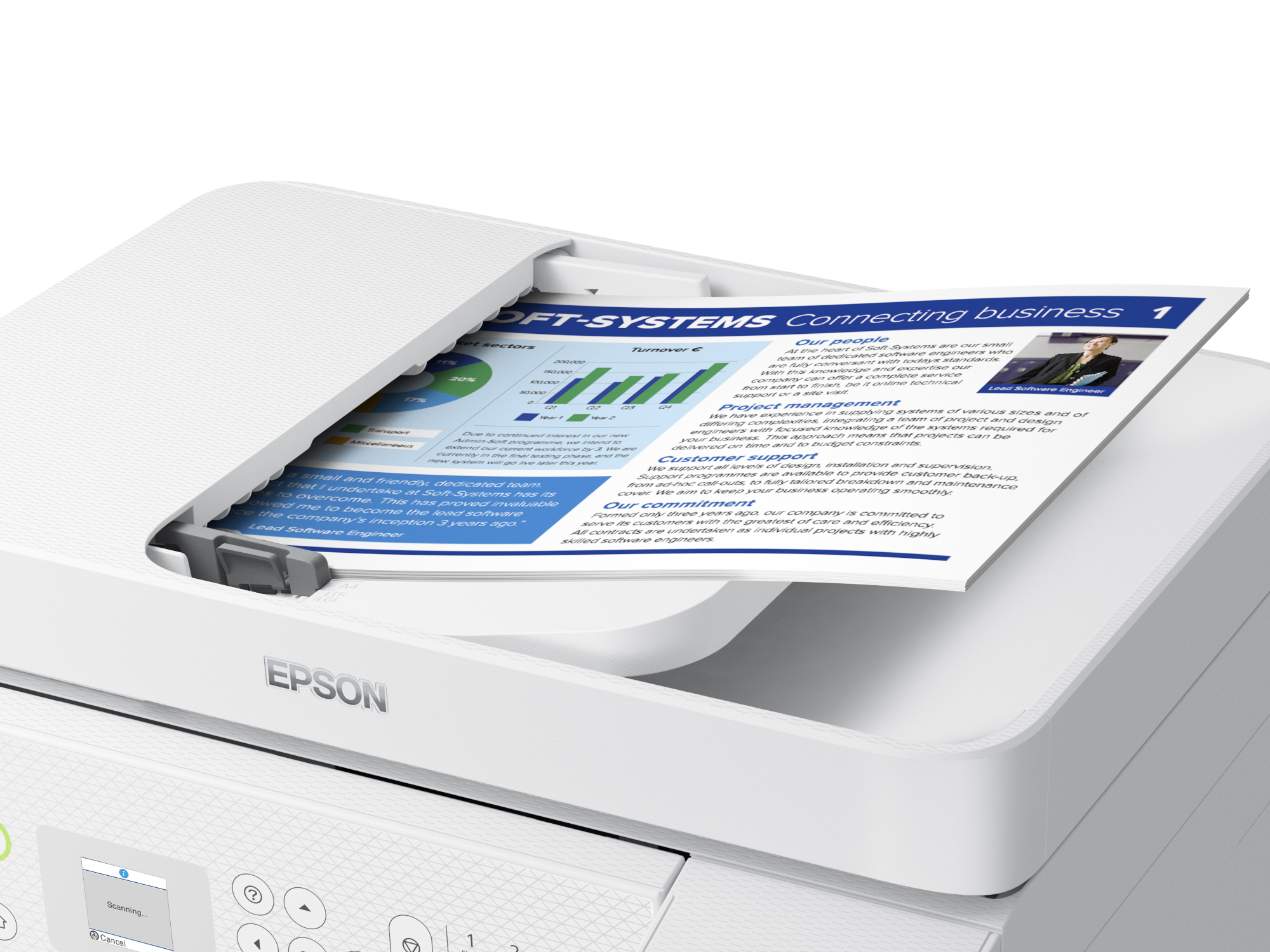 Açık bir belgeye sahip bir Epson yazıcı. Belgede grafikler ve metin var. Yazıcı beyaz.