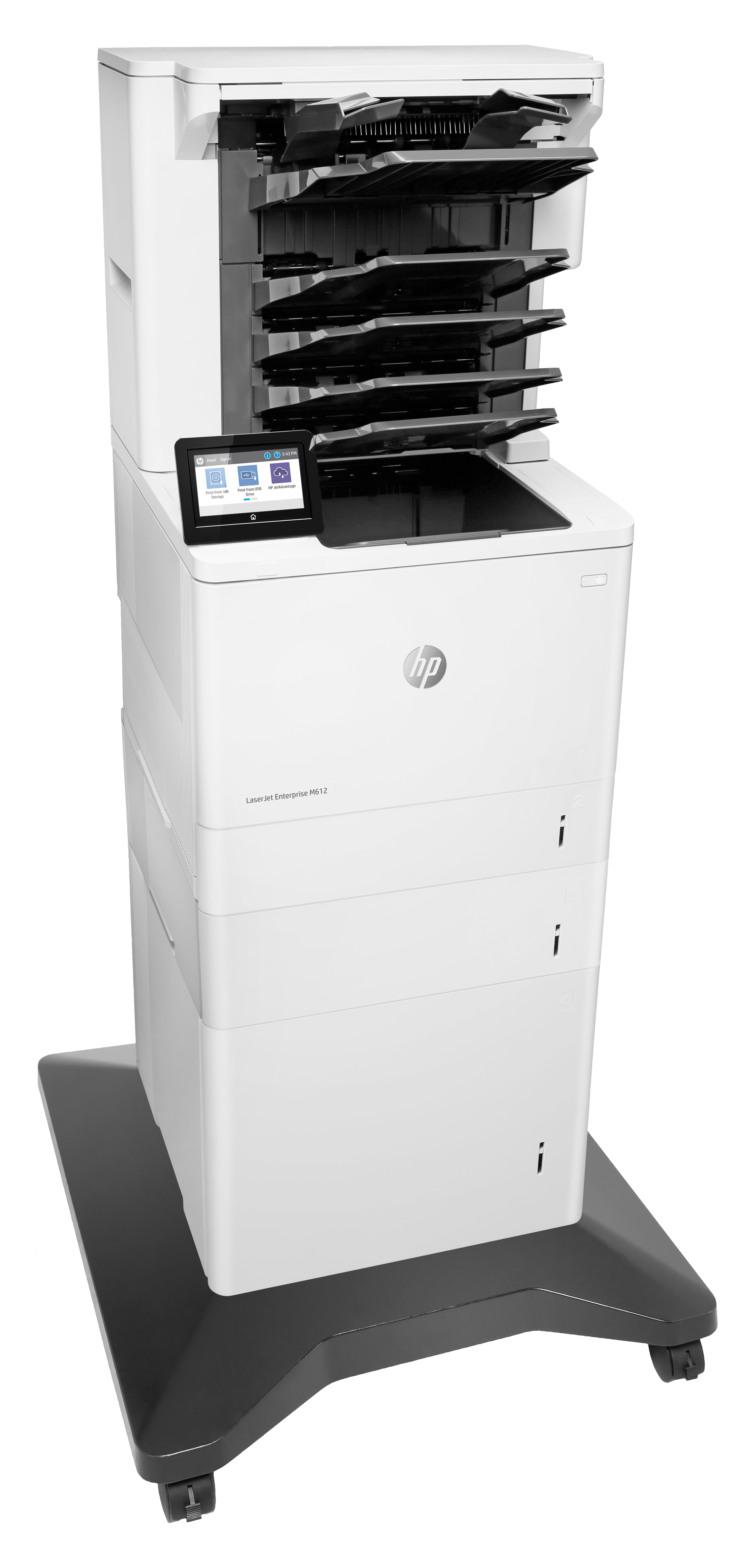 Una impresora HP blanca grande con pantalla táctil y varias bandejas de papel. Está sobre una base rodante.