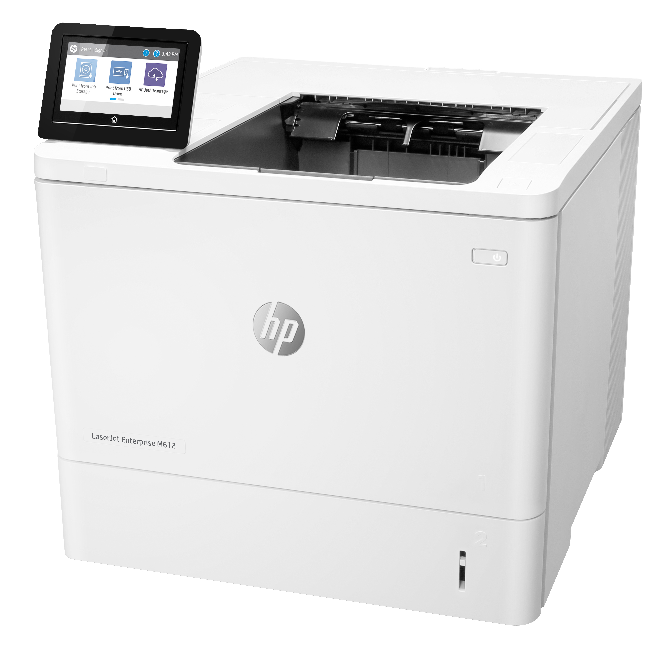 Una impresora HP LaserJet Enterprise M612 blanca. Tiene pantalla táctil, el logotipo de HP y un botón de encendido.
