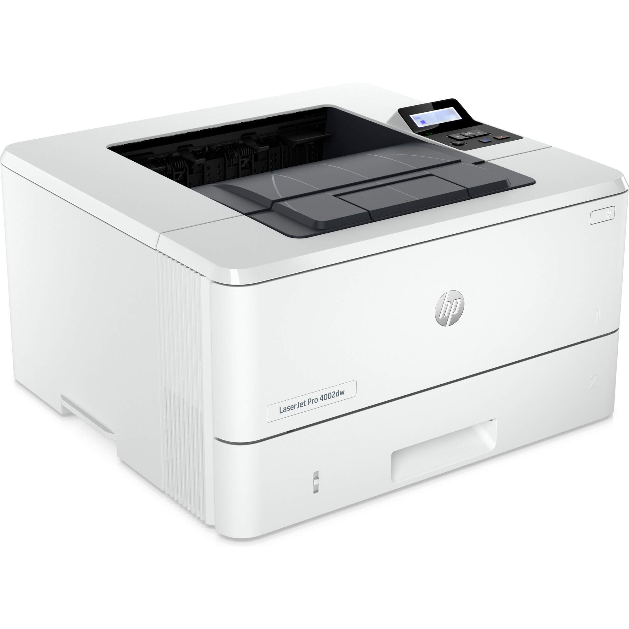 Una impresora HP LaserJet Pro 4002dw blanca está sobre una superficie blanca. La impresora tiene un panel de control y una parte superior abierta.