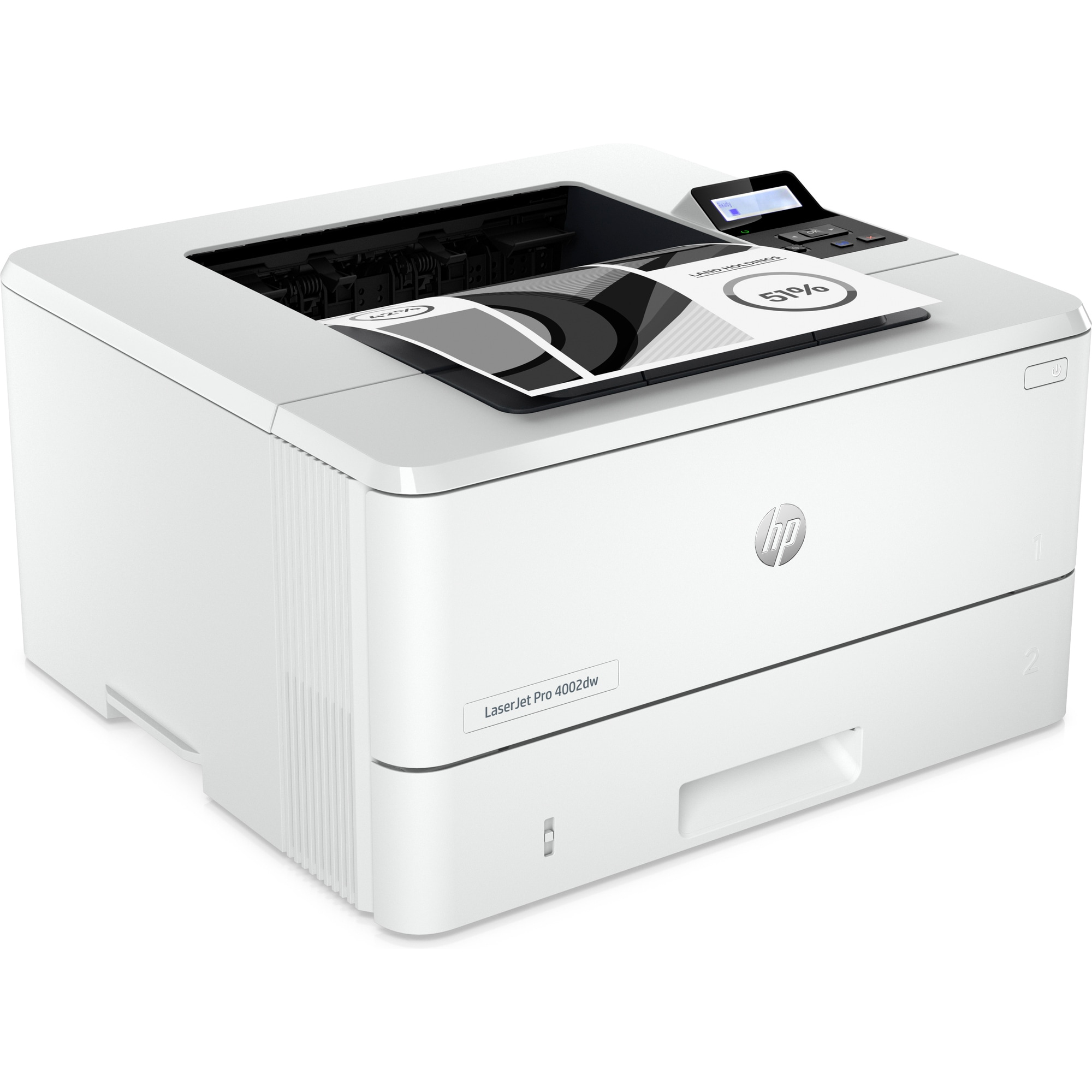 Impresora blanca HP LaserJet Pro 4002dw. Una página impresa con un gráfico circular está en la bandeja de salida. Un panel de control está arriba.
