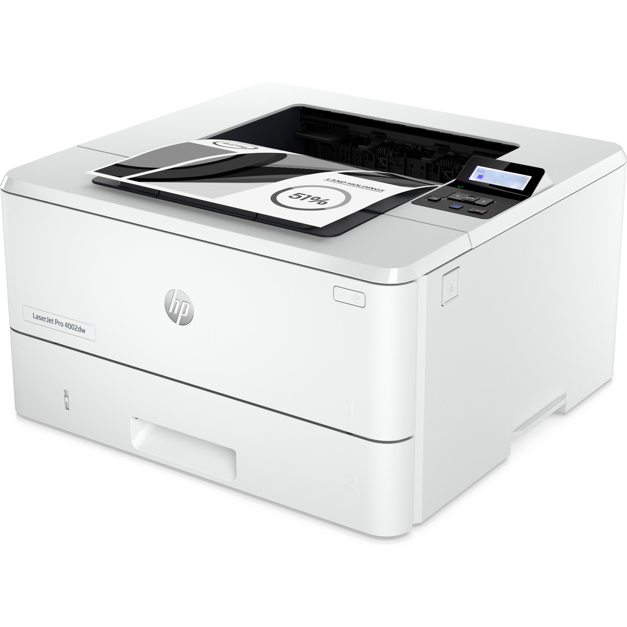 Una impresora HP LaserJet Pro 4002dw blanca. Un documento impreso descansa encima. La pantalla muestra 'Ready'.