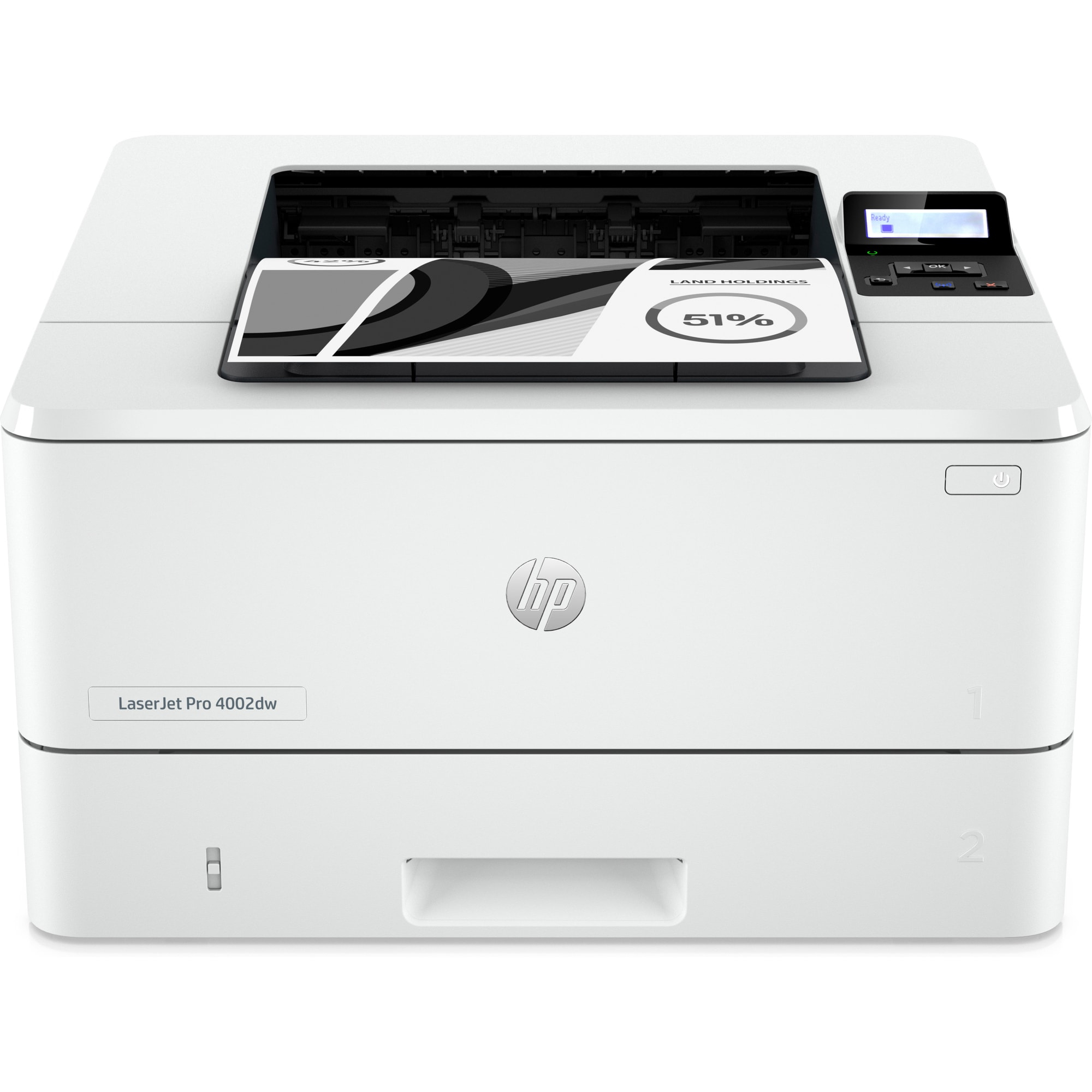 Una impresora HP LaserJet Pro 4002dw blanca. Un documento impreso en la bandeja muestra 51% y el texto 'LAND HOLDINGS'.