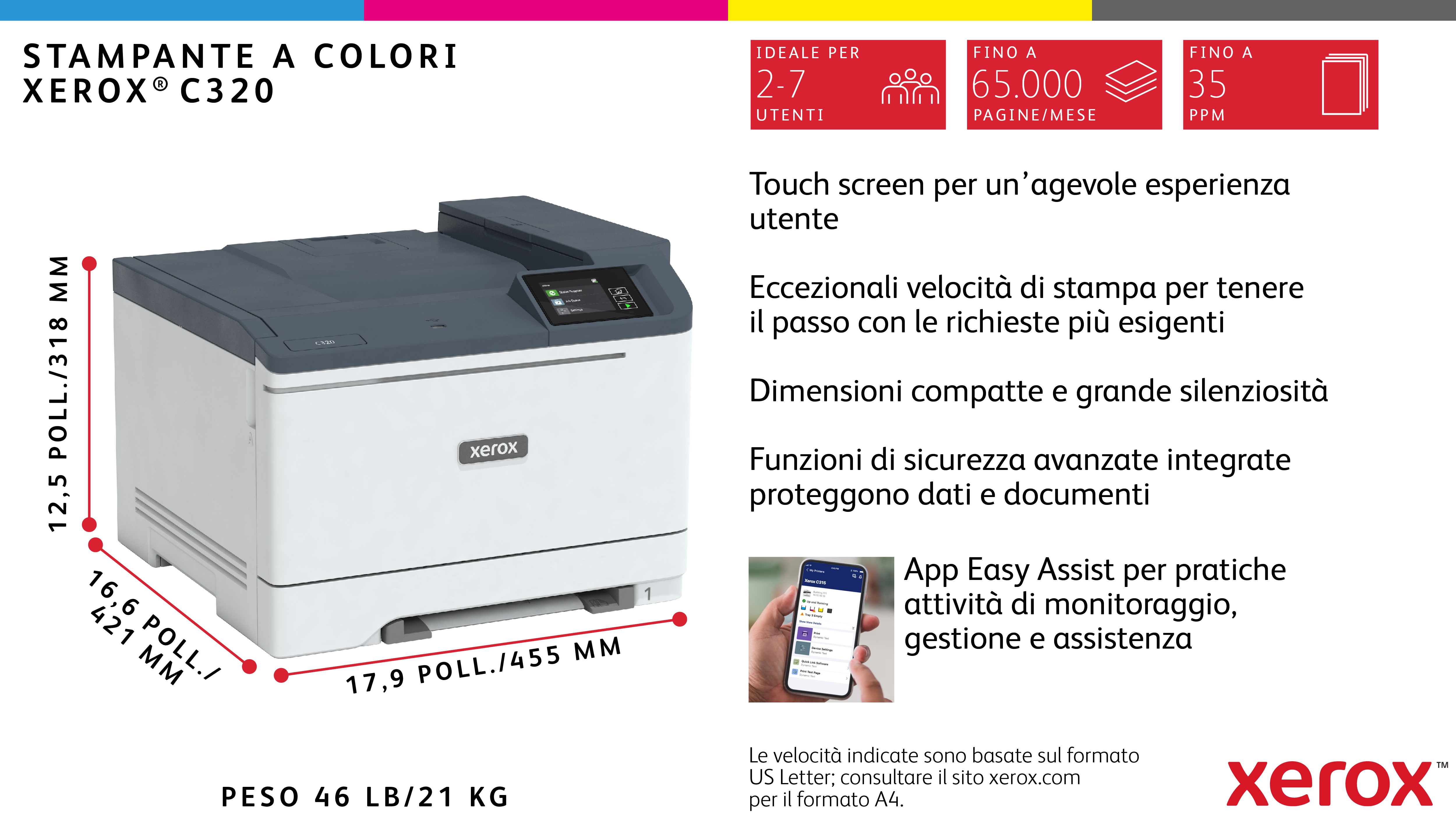 Kolorowa drukarka Xerox C320. Jest biała z szarą górą. Tekst podkreśla funkcje, takie jak prędkość i bezpieczeństwo.