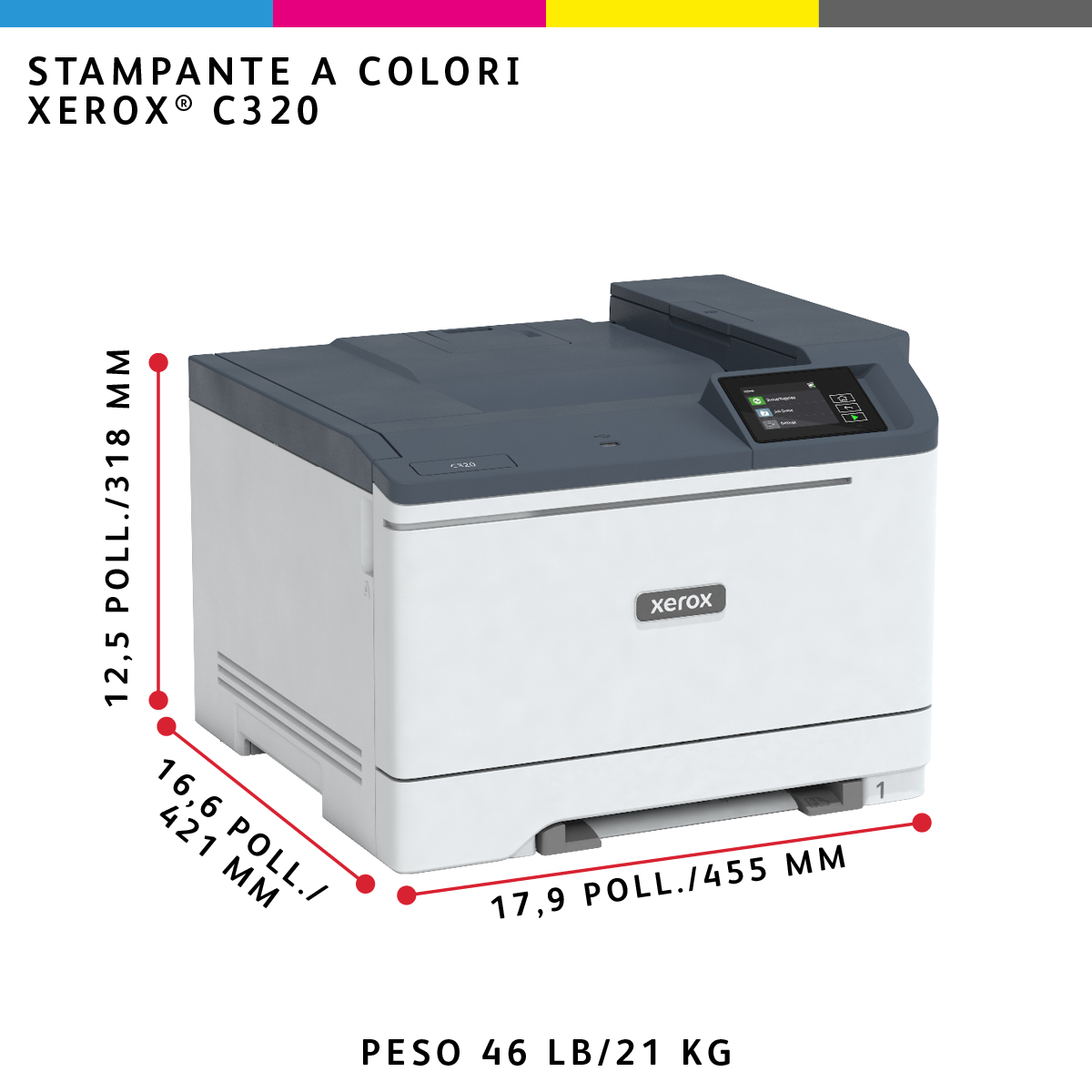 Biało-szara drukarka kolorowa Xerox C320. Wymiary to: 12,5 cala, 16,6 cala i 17,9 cala. Waga: 46 funtów.
