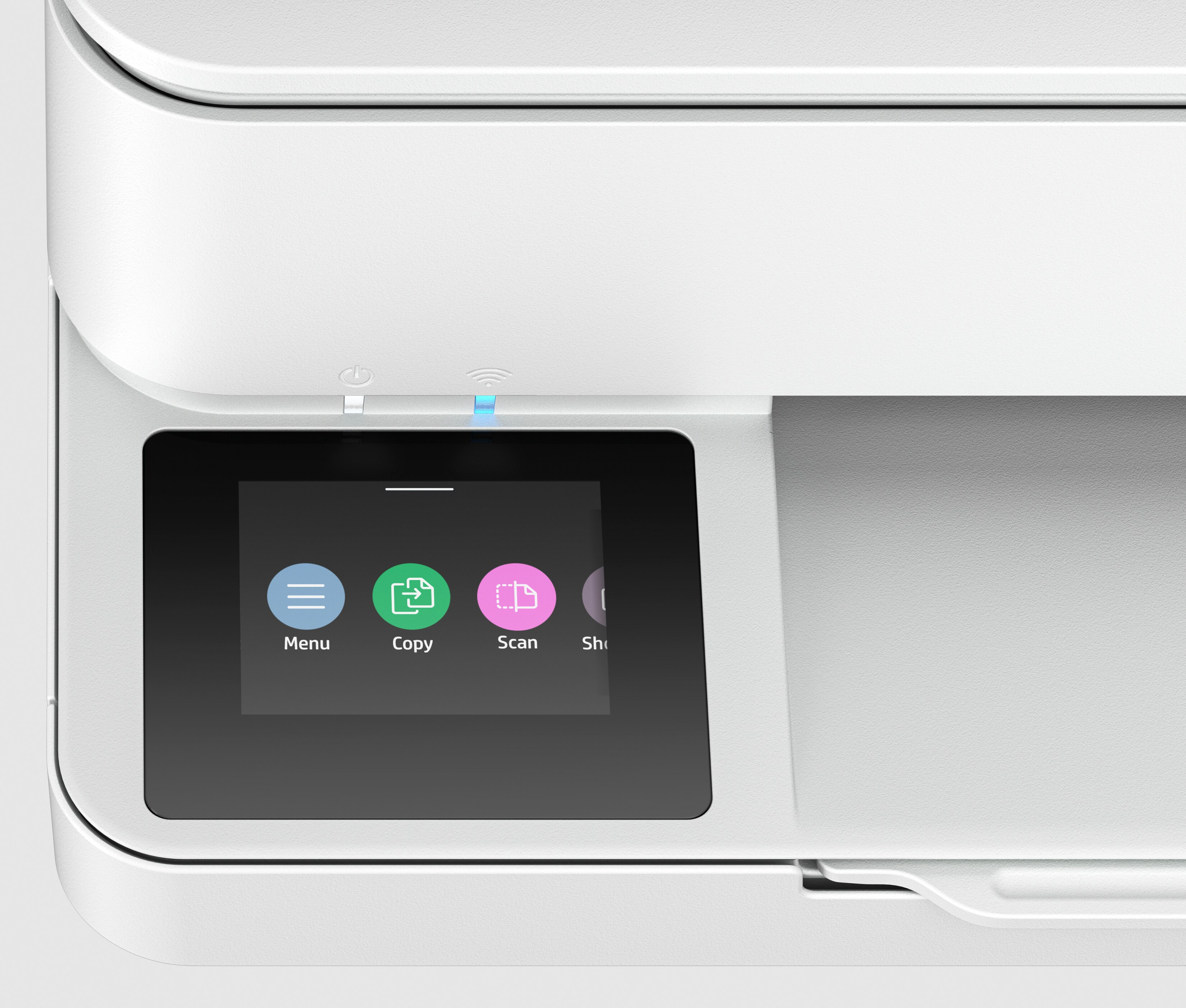 Ein weißer Drucker mit einem Bildschirm, der Menü-, Kopier-, Scan- und Freigabesymbole zeigt. Strom- und WLAN-Anzeigen leuchten.