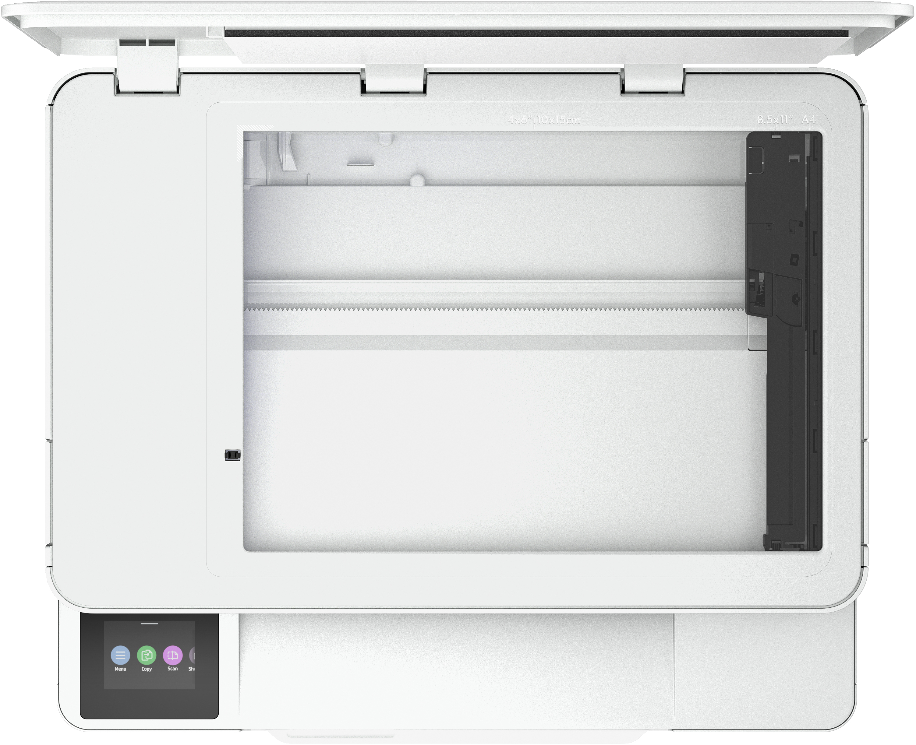 Weißer, geöffneter Scanner mit Glas, schwarzen Komponenten und Bedienfeld. Enthält Menü-, Kopier-, Scan- und Freigabeoptionen.