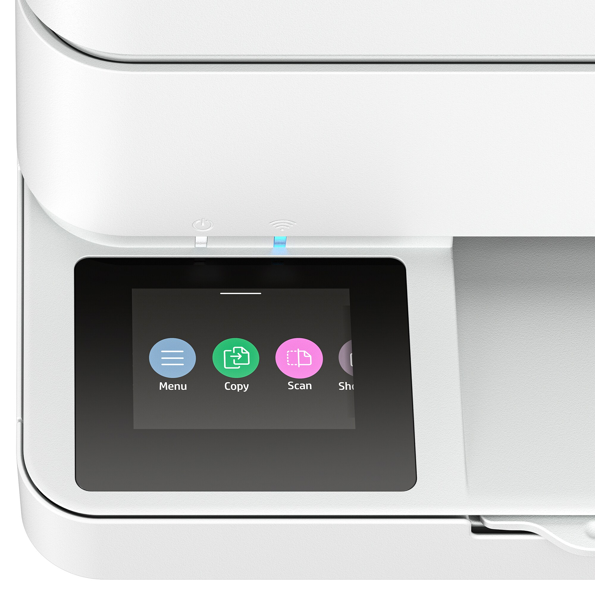 Een witte printer toont een scherm met menu-, kopieer- en scan-iconen. Stroom- en wifi-indicatoren zijn verlicht.