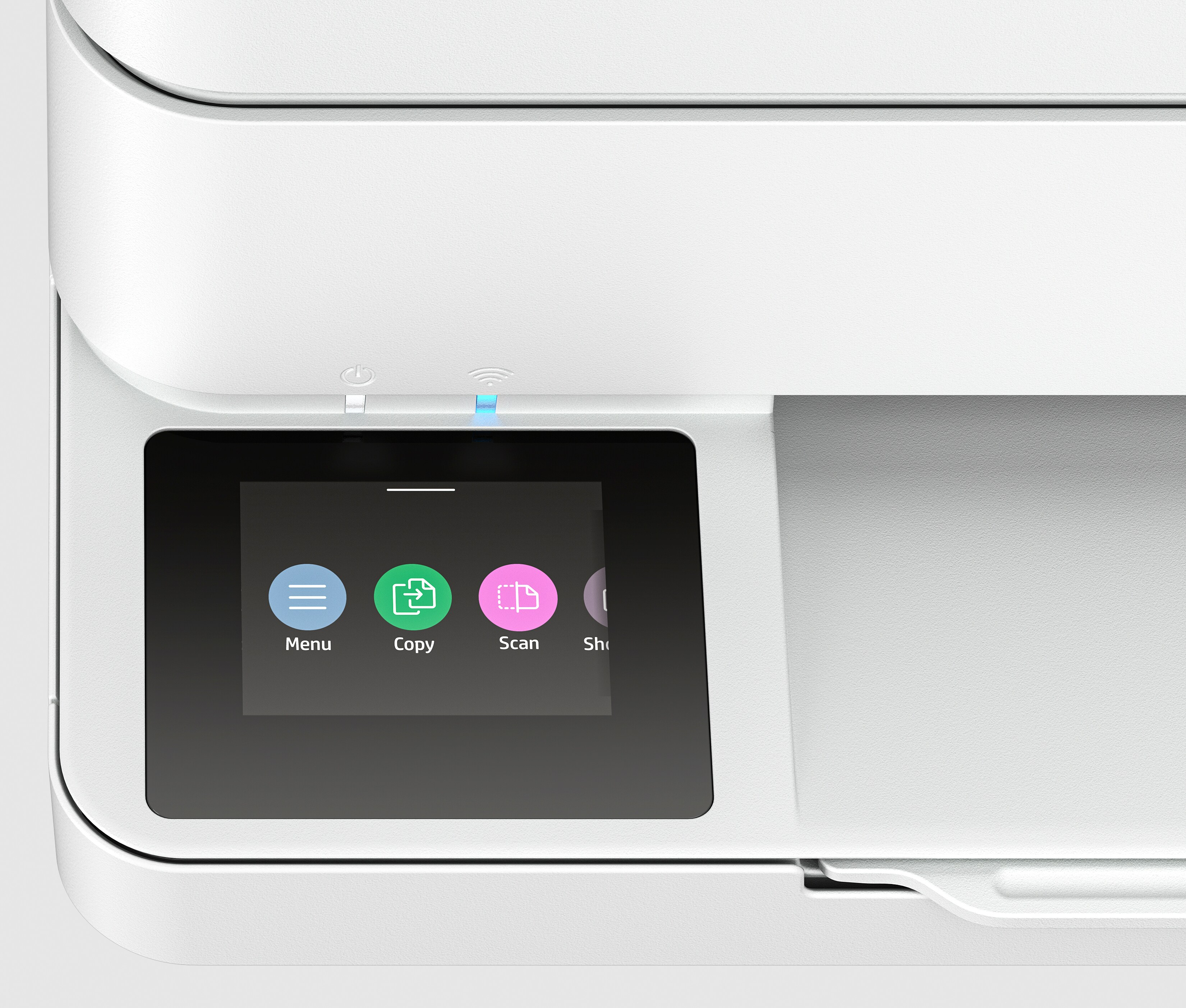 Een witte printer met een zwart scherm met menu-, kopieer- en scanopties. Boven het scherm staan een stroom- en wifi-symbool.