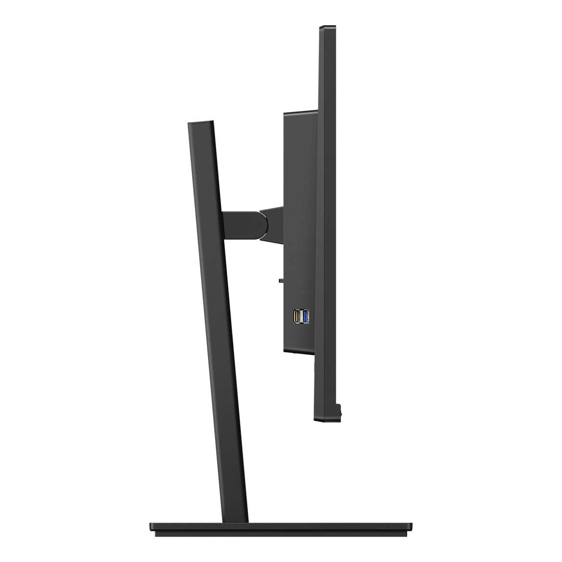 Widok z boku czarnego monitora komputera. Ma podstawę i cienką ramkę. Tło jest białe.