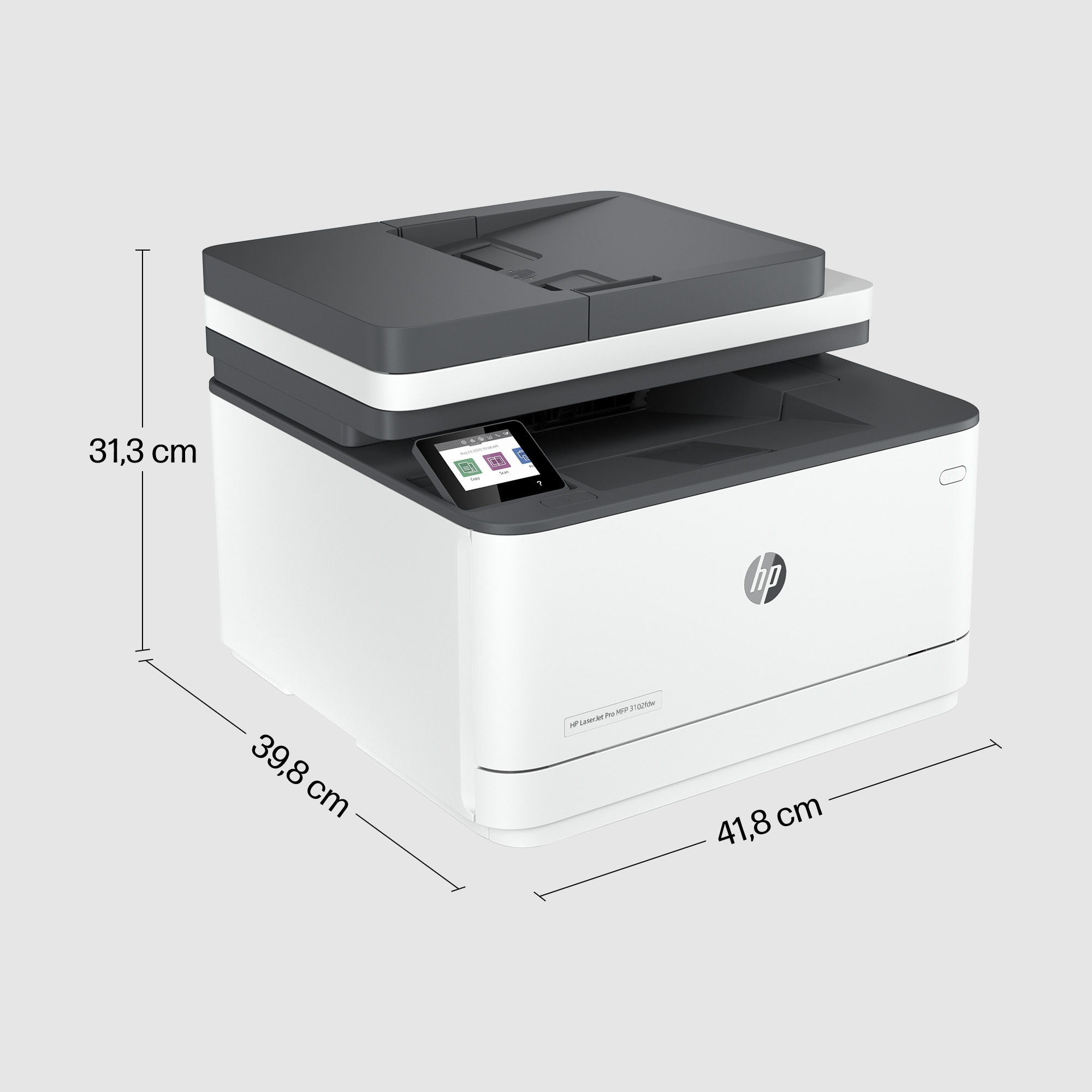 Drukarka HP LaserJet Pro MFP 3102fdw. Jest biało-szara. Wymiary to: 31,3 cm, 39,8 cm i 41,8 cm.