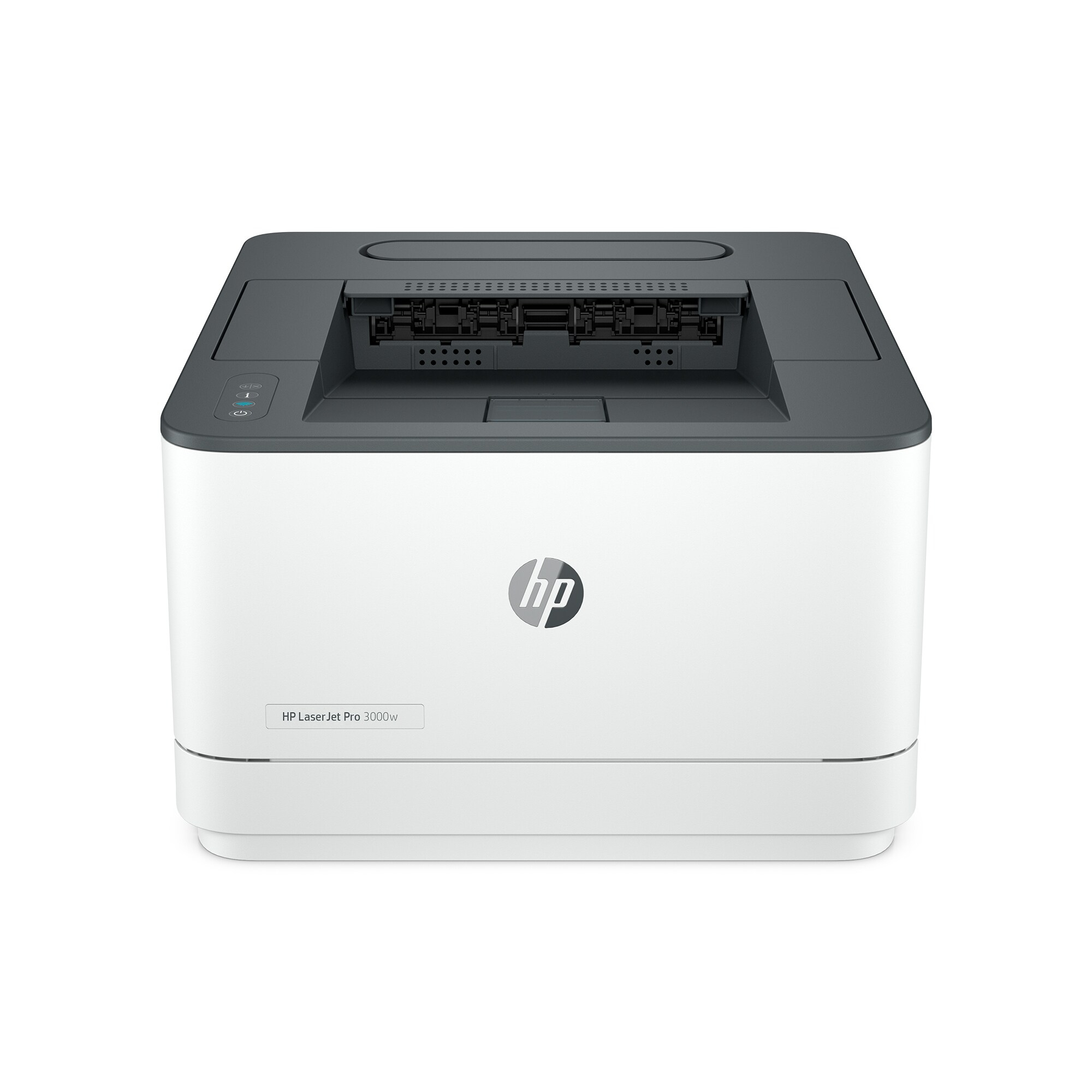 Biała drukarka HP Laser Jet Pro 3000w z szarą górą i logo HP z przodu, odizolowana na białym tle.