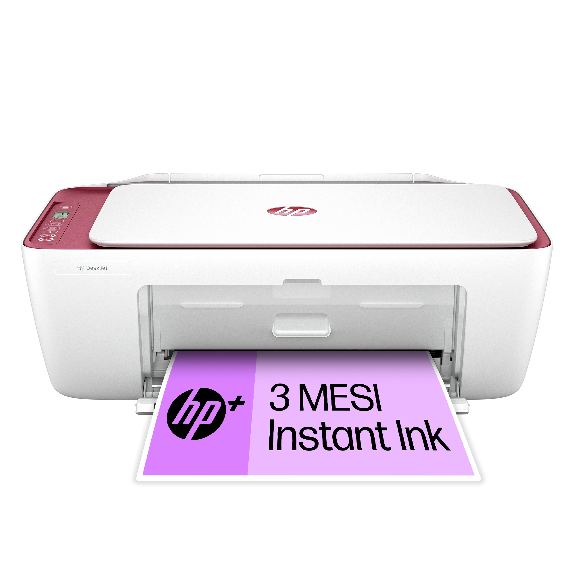 Una stampante HP DeskJet bianca e bordeaux. Ha un'uscita carta con carta viola che mostra il logo e il testo HP.