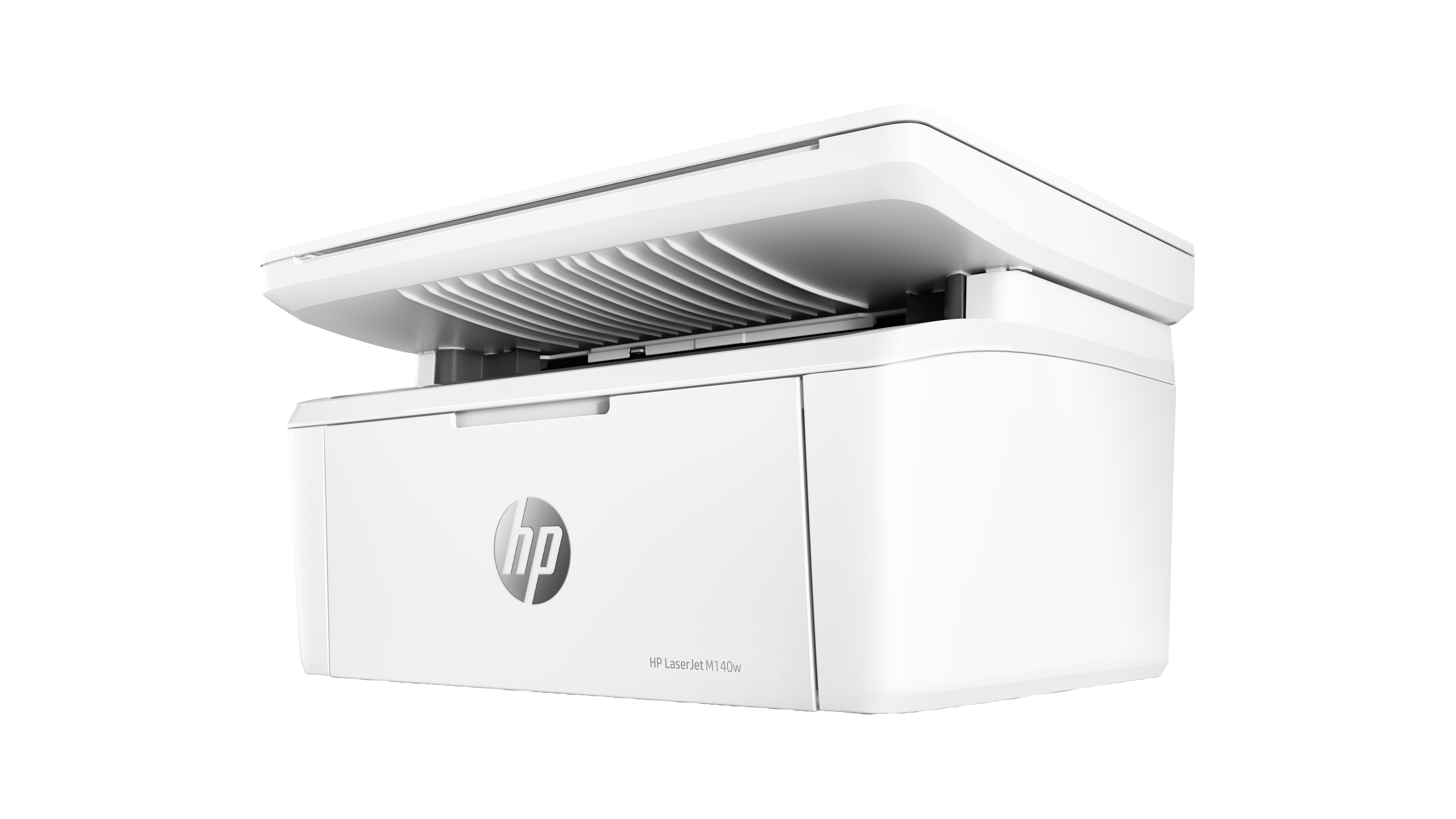 Biała drukarka HP Laserjet M140w z otwartą górną pokrywą. Widoczne logo HP z przodu.