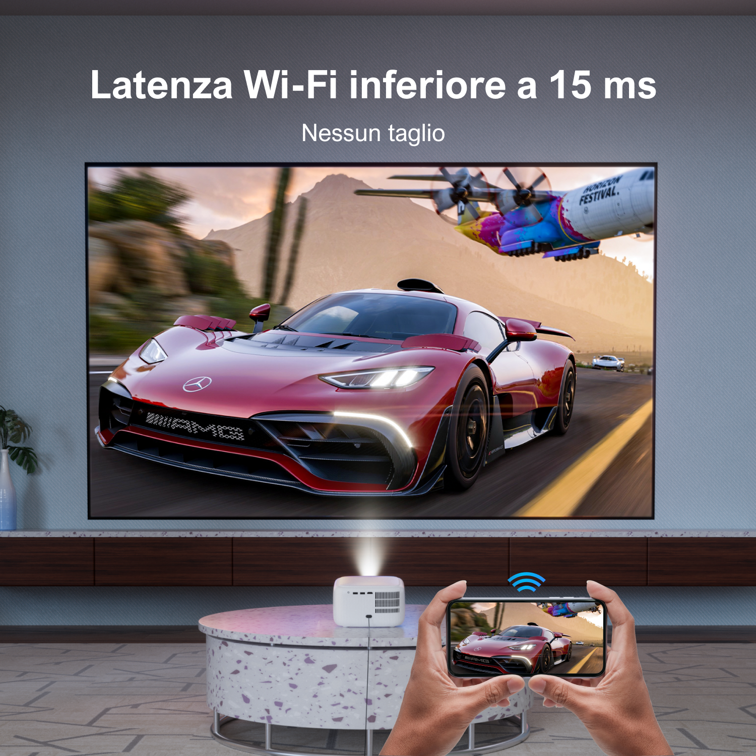 Czerwony samochód wyświetlany na ekranie. Poniżej projektor i telefon odzwierciedlający ekran. Symbol Wi-Fi na telefonie.