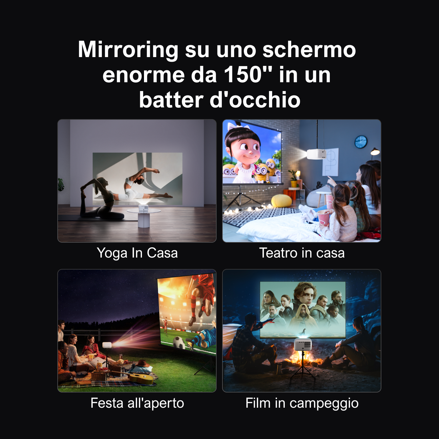 Obraz przedstawia cztery sceny: jogę, kino domowe, imprezę na świeżym powietrzu i kino na kempingu, używając projektora.