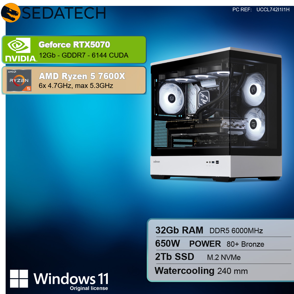Un case per computer mostra componenti interni, con specifiche di GPU, CPU, RAM, SSD e alimentatore.