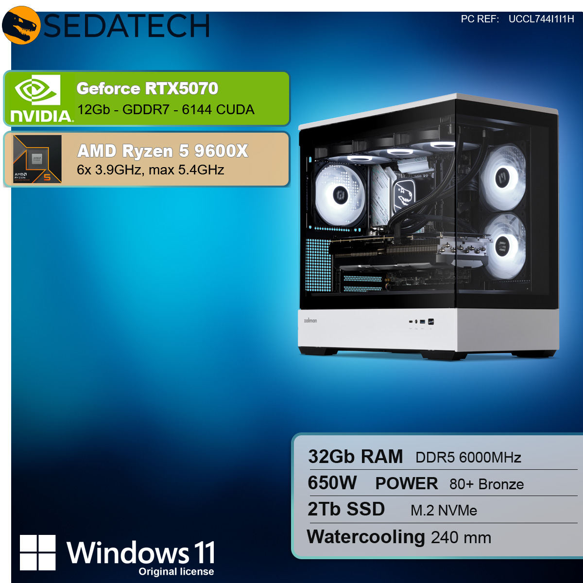 Un case per computer con componenti interni, tra cui ventole e una scheda grafica, è mostrato su sfondo blu con specifiche.