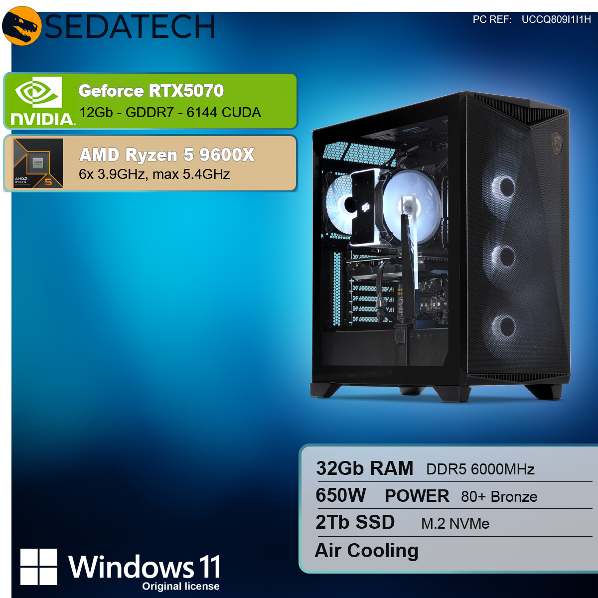 Viene visualizzato un case per computer con componenti interni. I dettagli includono una scheda grafica, CPU, RAM e sistema di raffreddamento e il logo di Windows 11.