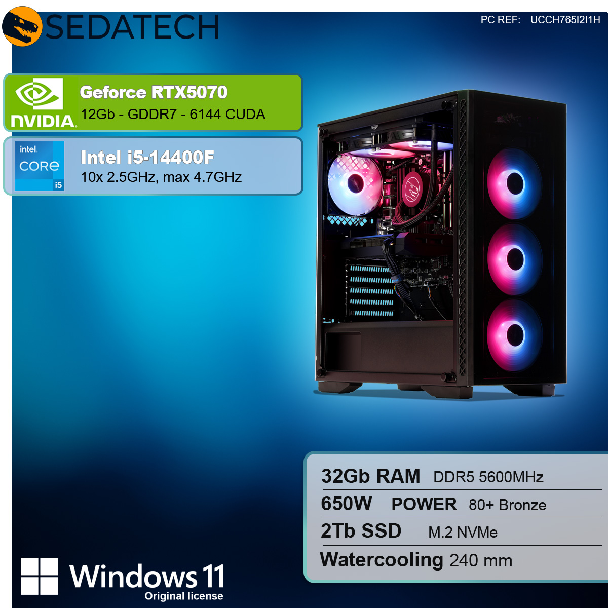 Un case per PC nero con ventole luminose. Specifiche: RTX5070, Intel i5, 32GB RAM, 2TB SSD e Windows 11.