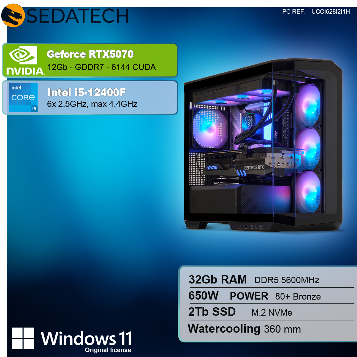 Obudowa komputera z komponentami. Obudowa ma wentylatory ze światłami RGB. Specyfikacje obejmują GeForce RTX5070, Intel i5, 32GB RAM, 2TB SSD.