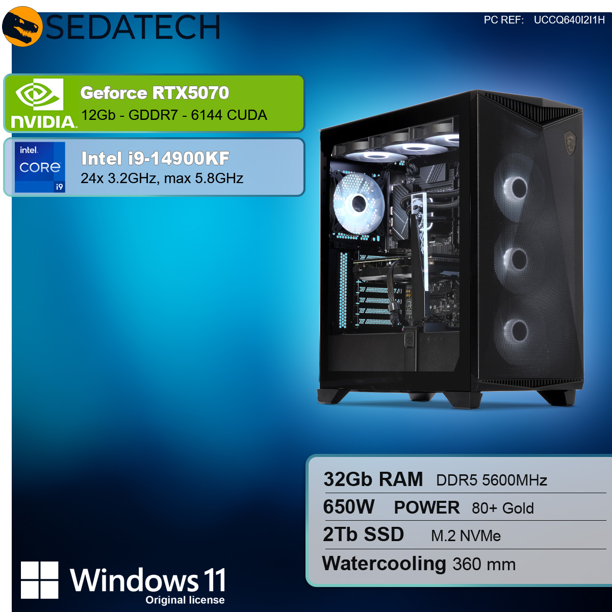 Ein schwarzes Computergehäuse mit Glas-Seitenwand. Spezifikationen: RTX5070, i9-14900KF, 32GB RAM, 2TB SSD und Windows 11.