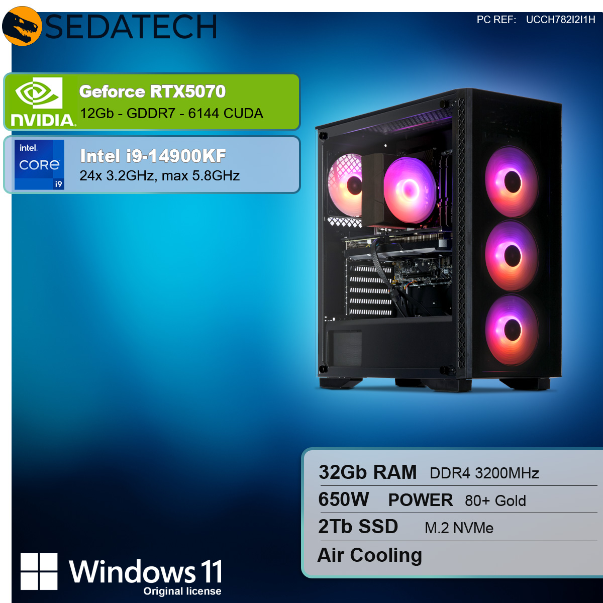 Un case nero per computer con ventole luminose. Specifiche: RTX5070, i9-14900KF, 32GB RAM, 2TB SSD e Windows 11.