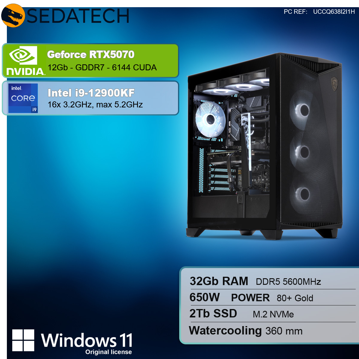 Schwarzes Computergehäuse mit Komponenten. Spezifikationen: RTX5070, Intel i9, 32GB RAM, 2TB SSD, Windows 11.