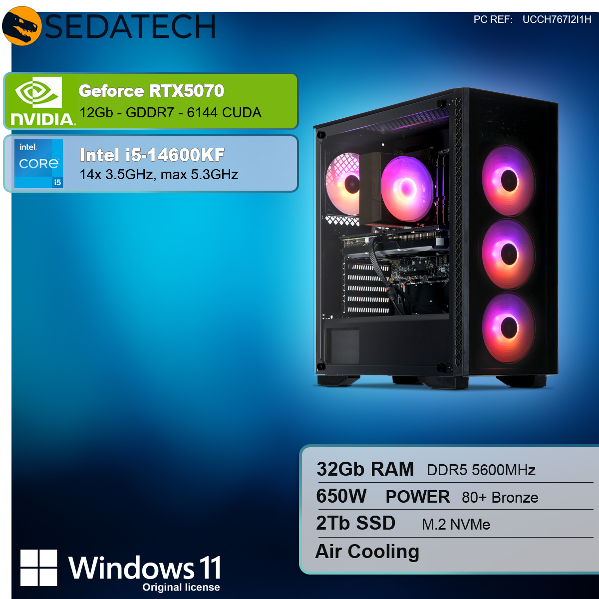 Un case per computer nero con ventole luminose. Specifiche: RTX 5070, Intel i5, 32GB RAM, 2TB SSD, Windows 11. Sfondo blu.