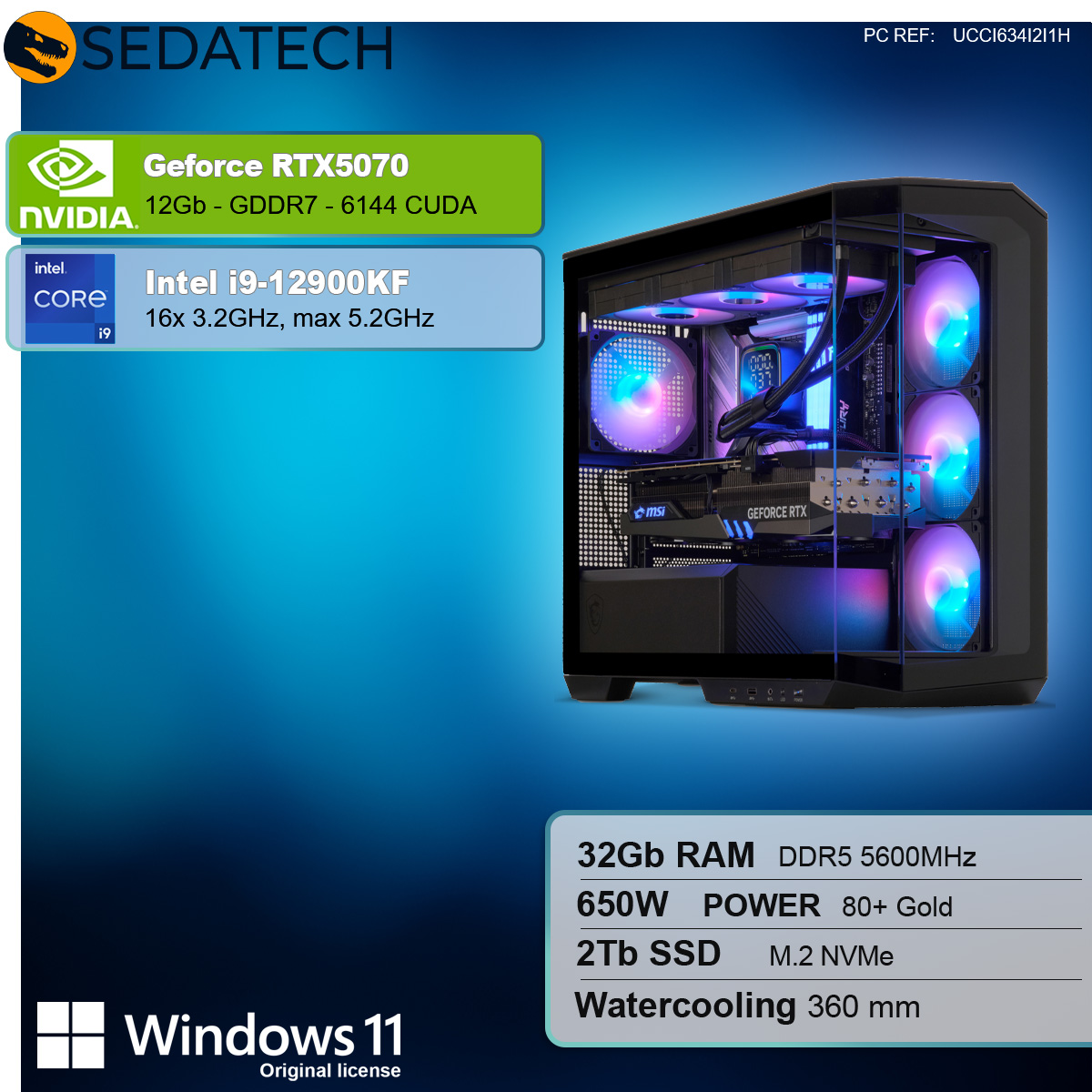 Un case per computer con ventole luminose, componenti visibili all'interno. Le specifiche includono RTX5070, i9-12900KF, 32 GB RAM, 2 TB SSD e Windows 11.