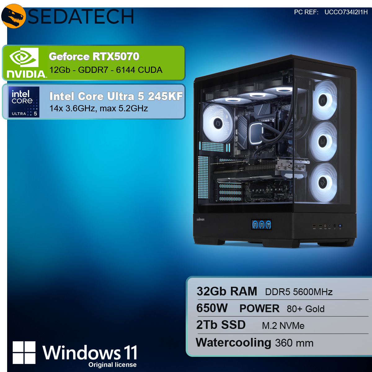 Un case per computer con pannello in vetro mostra i componenti interni. Le specifiche includono RTX5070, Intel Core Ultra 5, 32GB RAM e Windows 11.