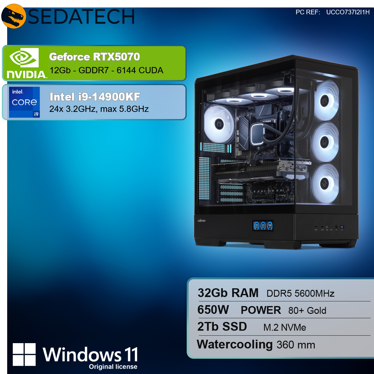 Un case per computer con componenti visibili. Le specifiche includono RTX 5070, Intel i9, 32GB RAM, 2TB SSD e Windows 11.