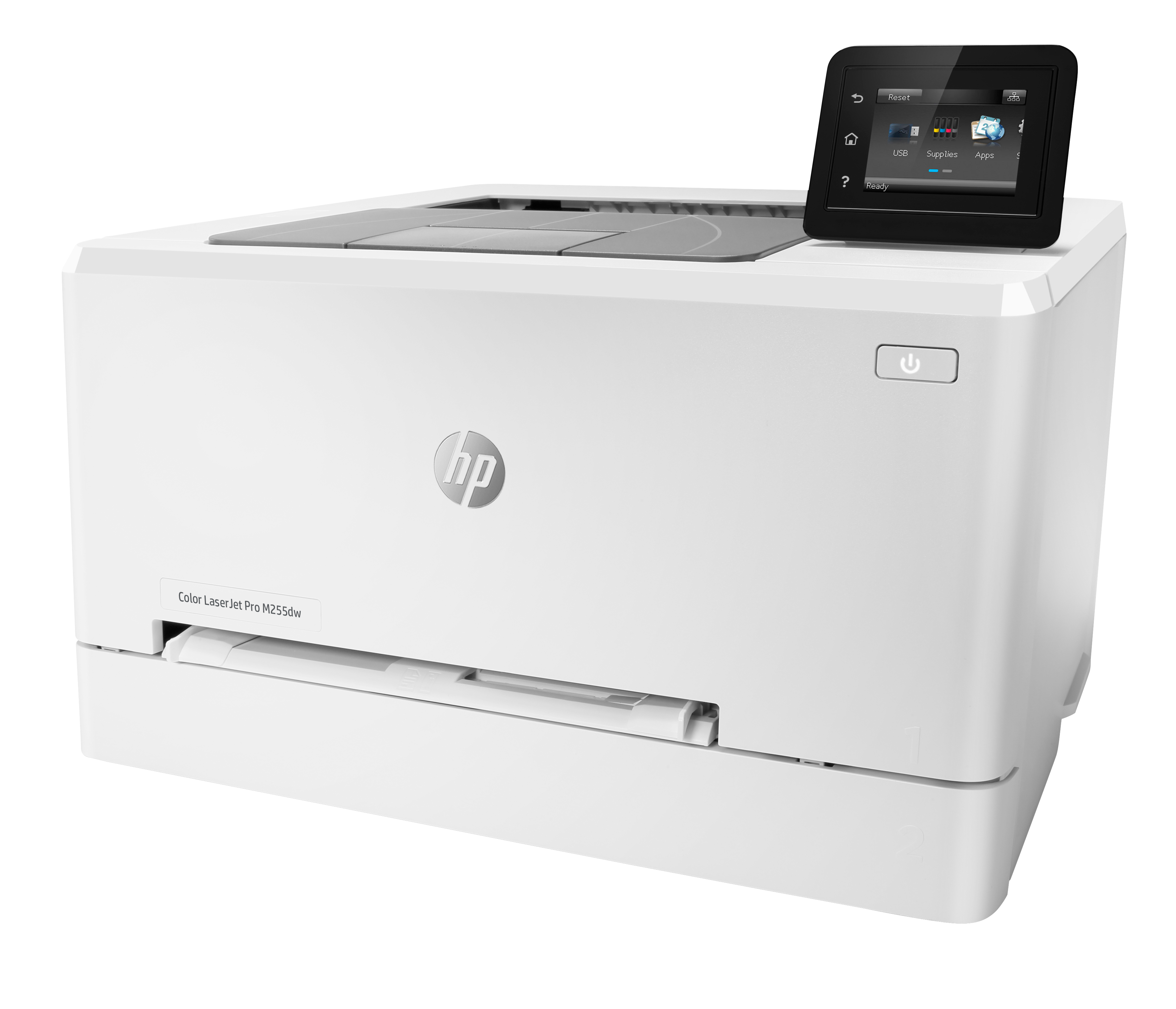 Una impresora HP Color LaserJet Pro M255dw blanca sobre una superficie blanca. Una pantalla negra en la parte superior.