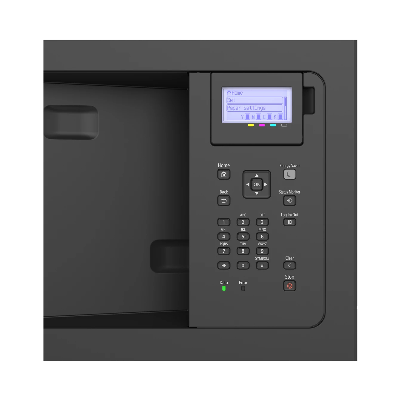 Una impresora negra con un panel de control. El panel tiene una pantalla que muestra opciones. Son visibles botones para números, navegación y funciones.
