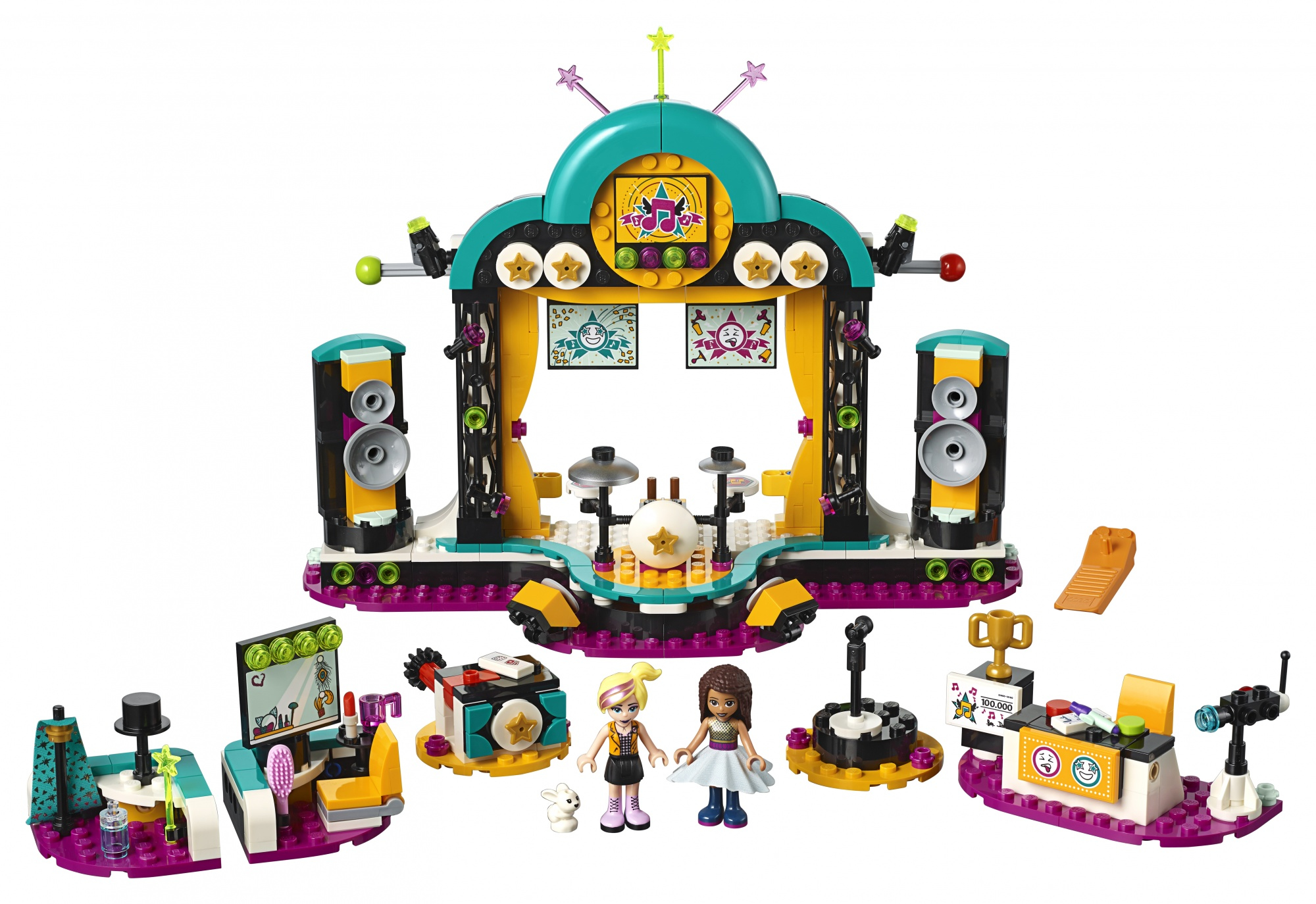 Zestaw sceniczny Lego Friends z figurkami, sceną, perkusją, głośnikami i akcesoriami. Scena ma żółte zasłony i logo nuty muzycznej.
