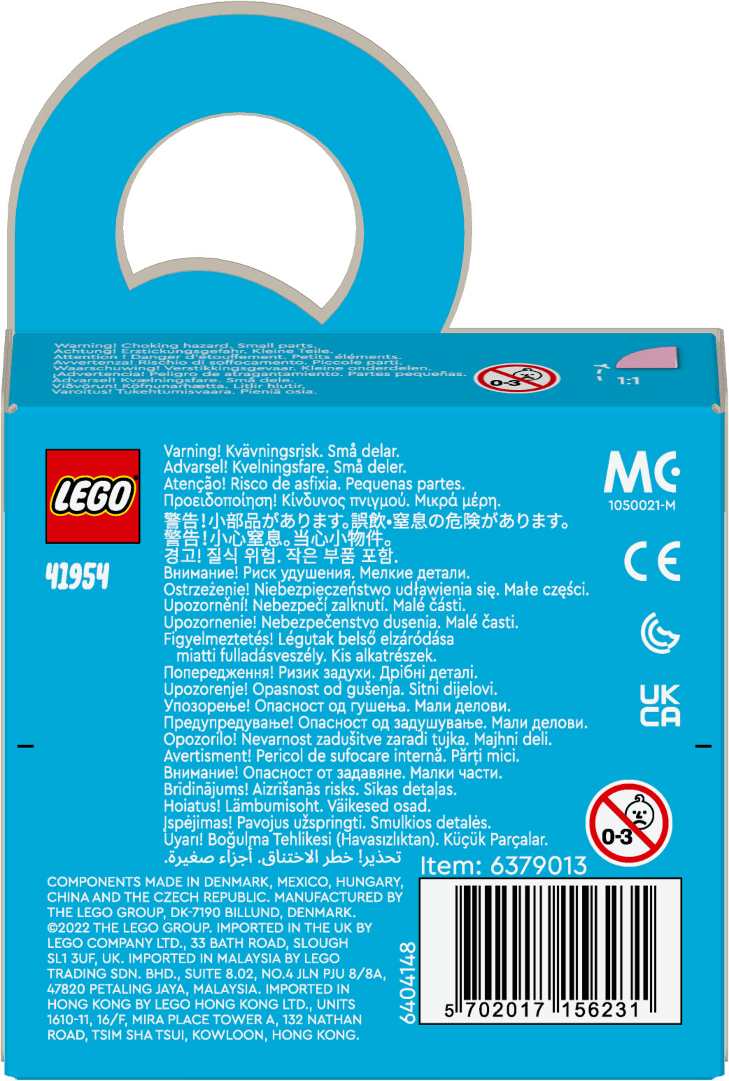 Una scatola LEGO con avvertenze, un arco blu e sfondo bianco. La scatola mostra il logo LEGO e i dettagli del prodotto.