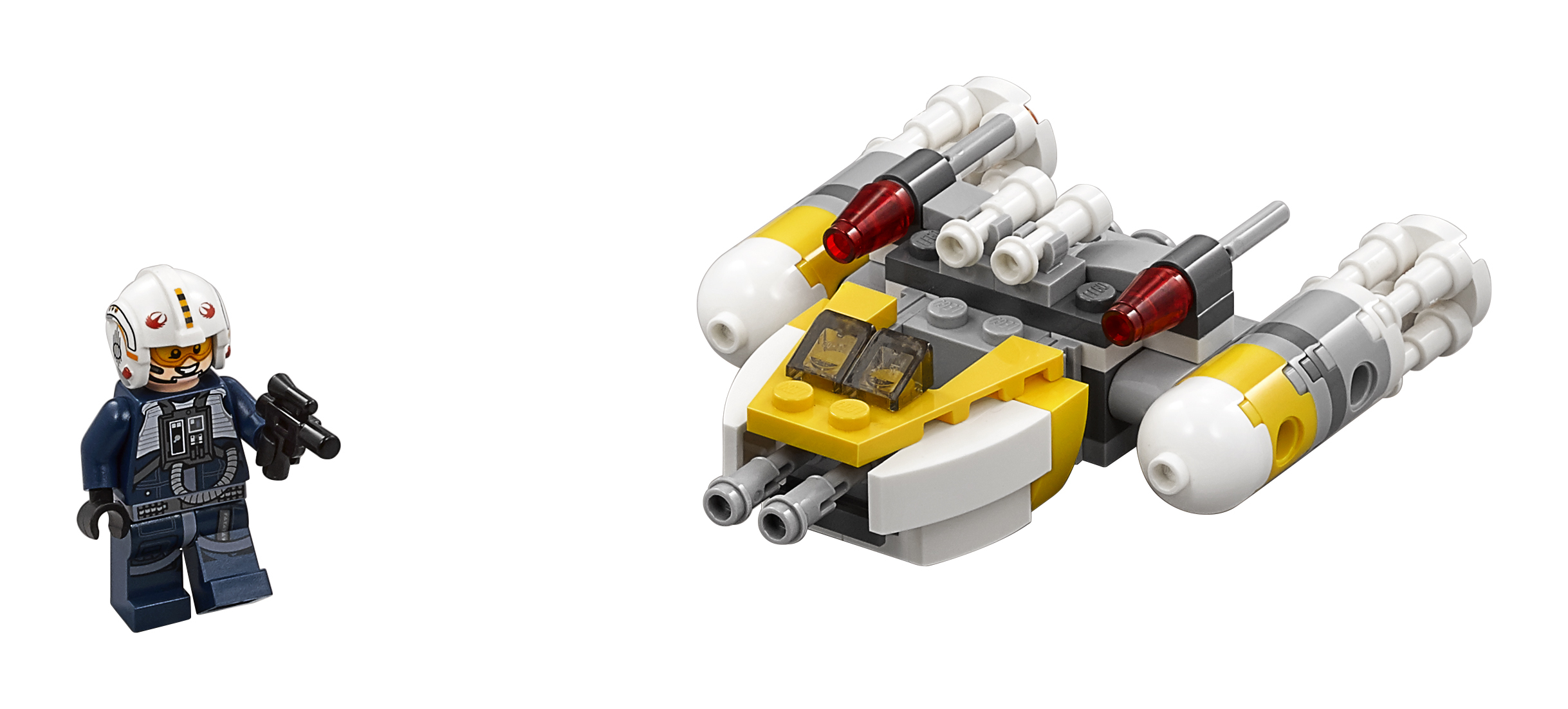 Set Lego Star Wars: caccia stellare Y-wing e minifigure di pilota. La nave è gialla, grigia e bianca. Il pilota tiene un blaster nero.