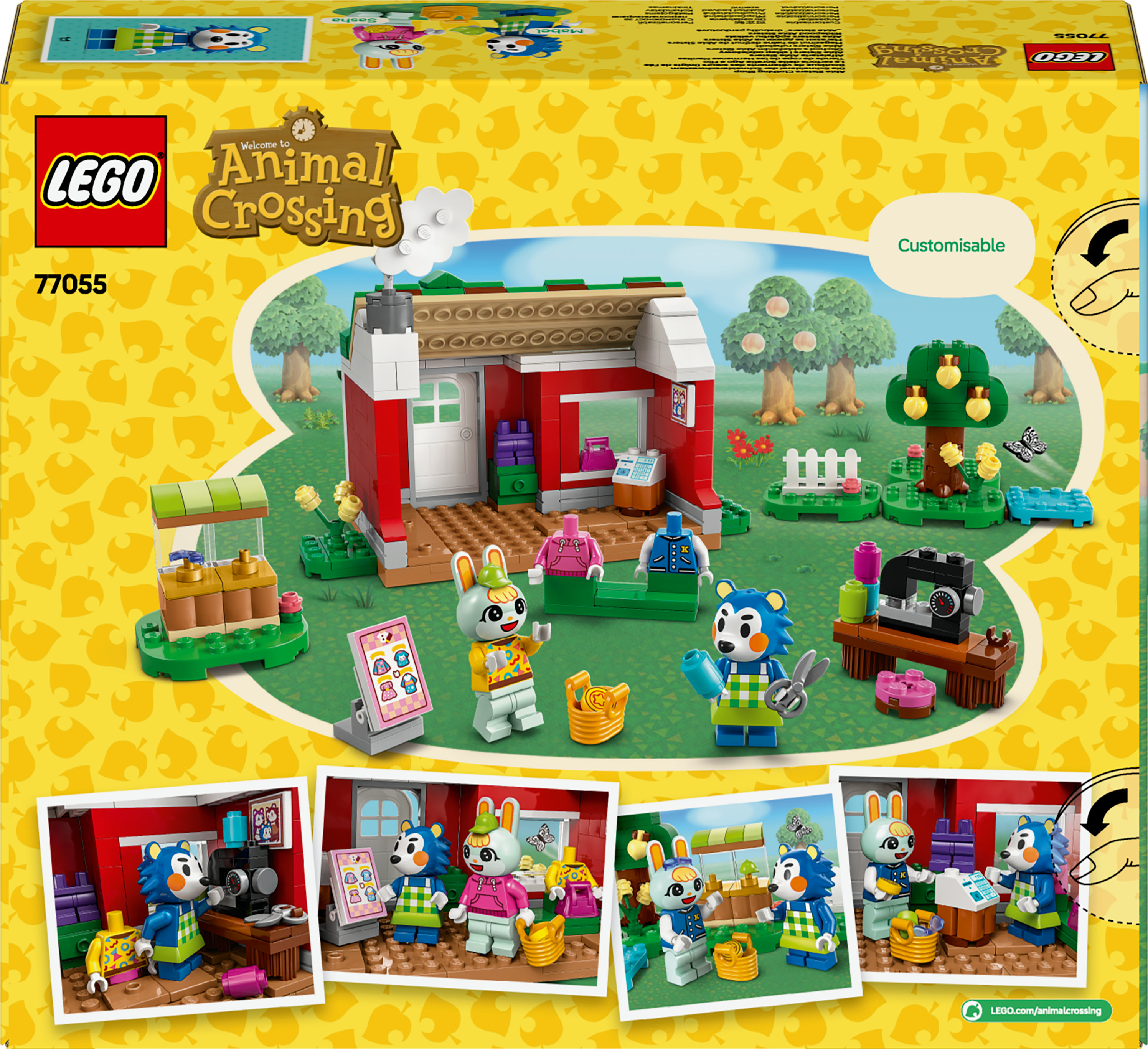 Zestaw LEGO Animal Crossing z domem, figurkami i akcesoriami na żółtym tle z wzorami liści.