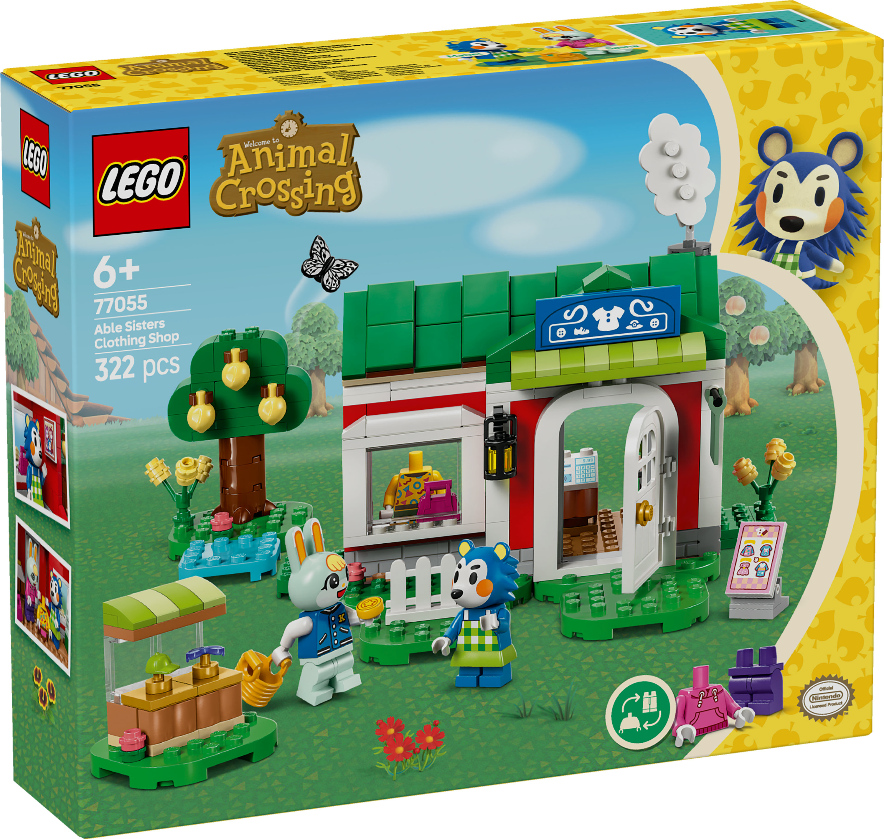 Pudełko zestawu LEGO Animal Crossing. Zawiera sklep odzieżowy z postaciami. Drzewo, kwiaty i motyl.