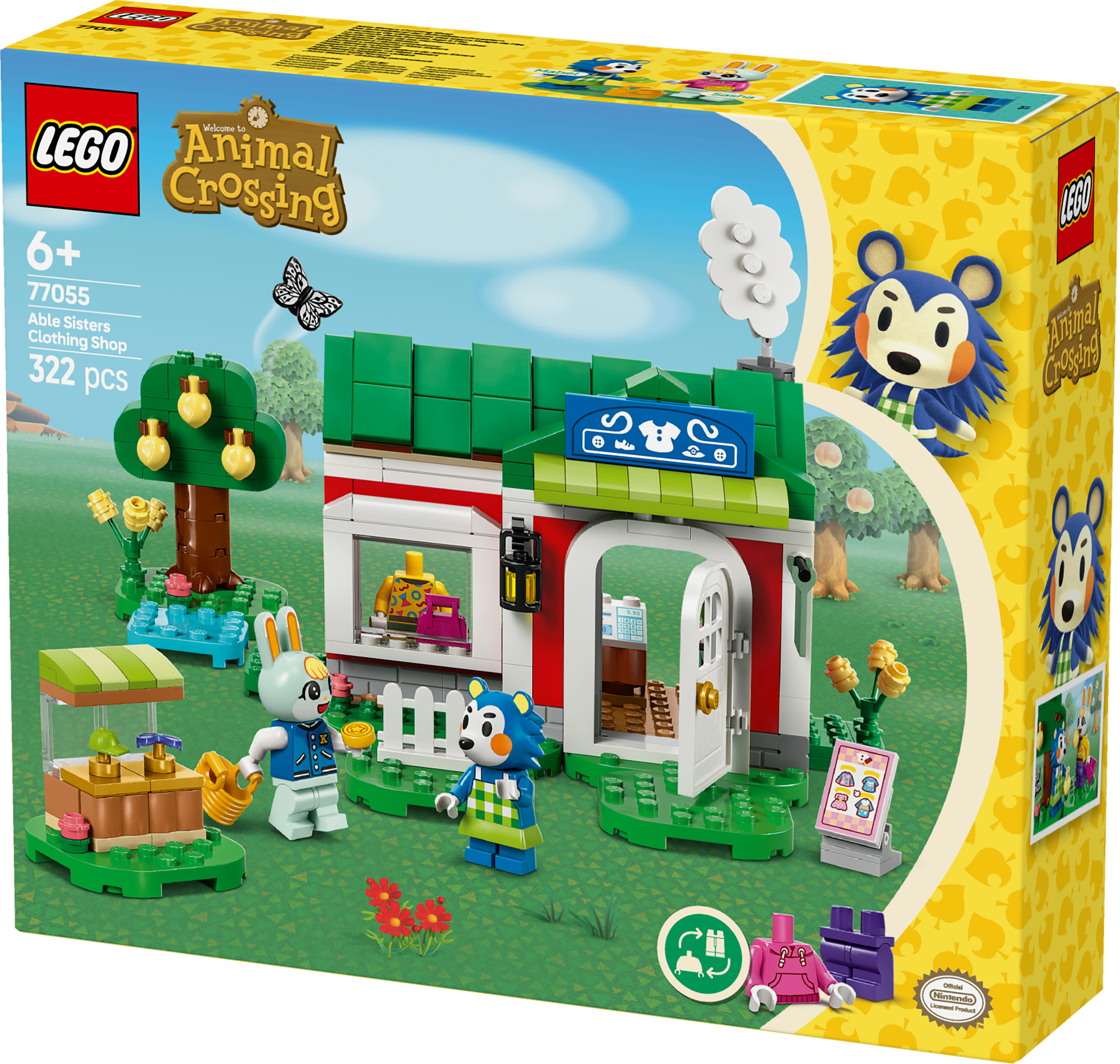 Pudełko zestawu LEGO Animal Crossing. Pokazuje sklep, postacie i drzewo. Pudełko jest żółte i zielone.