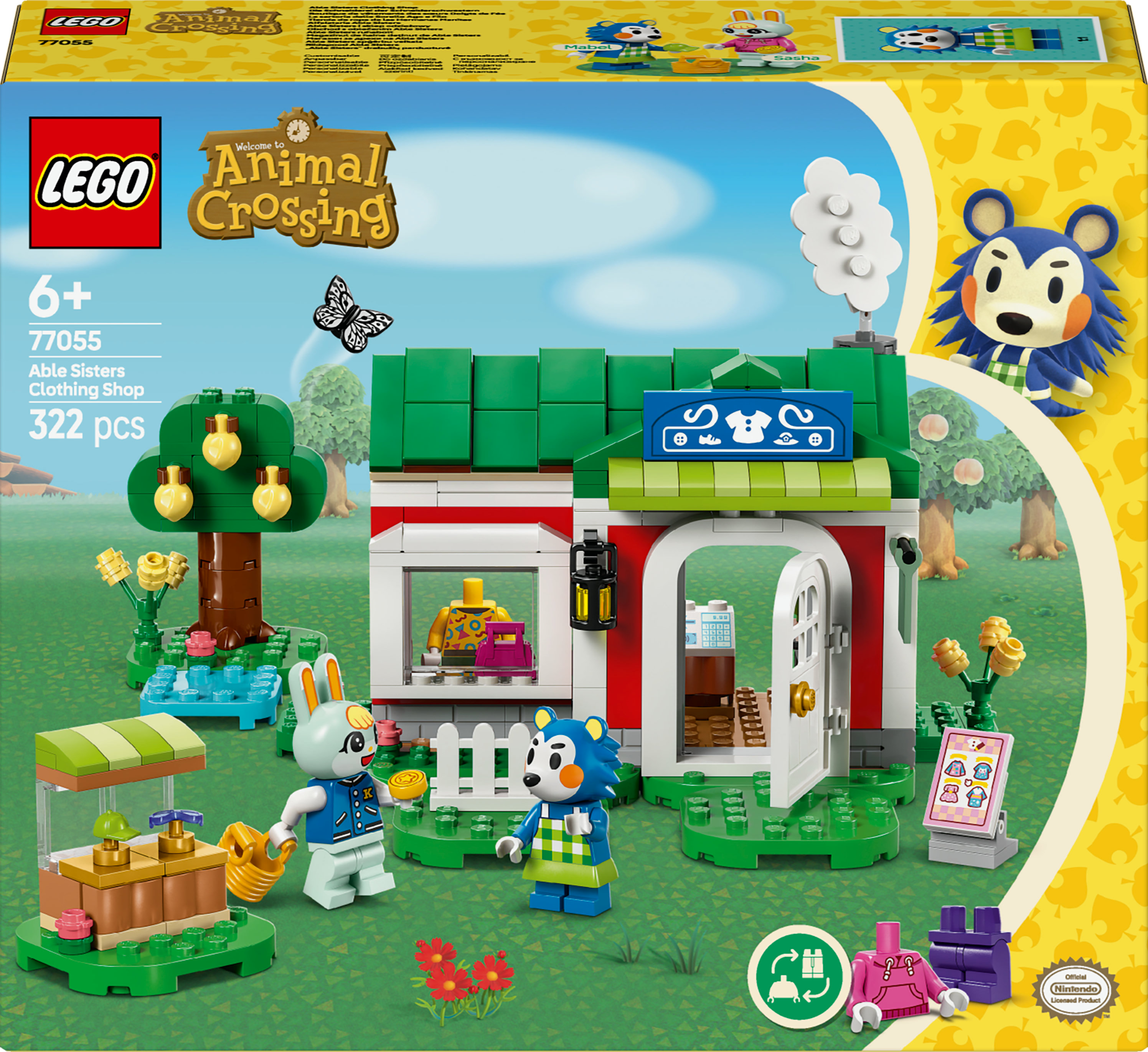 Set de Lego Animal Crossing. Incluye una tienda, una figura de conejo, una figura de lobo y accesorios. El set está sobre una base verde.