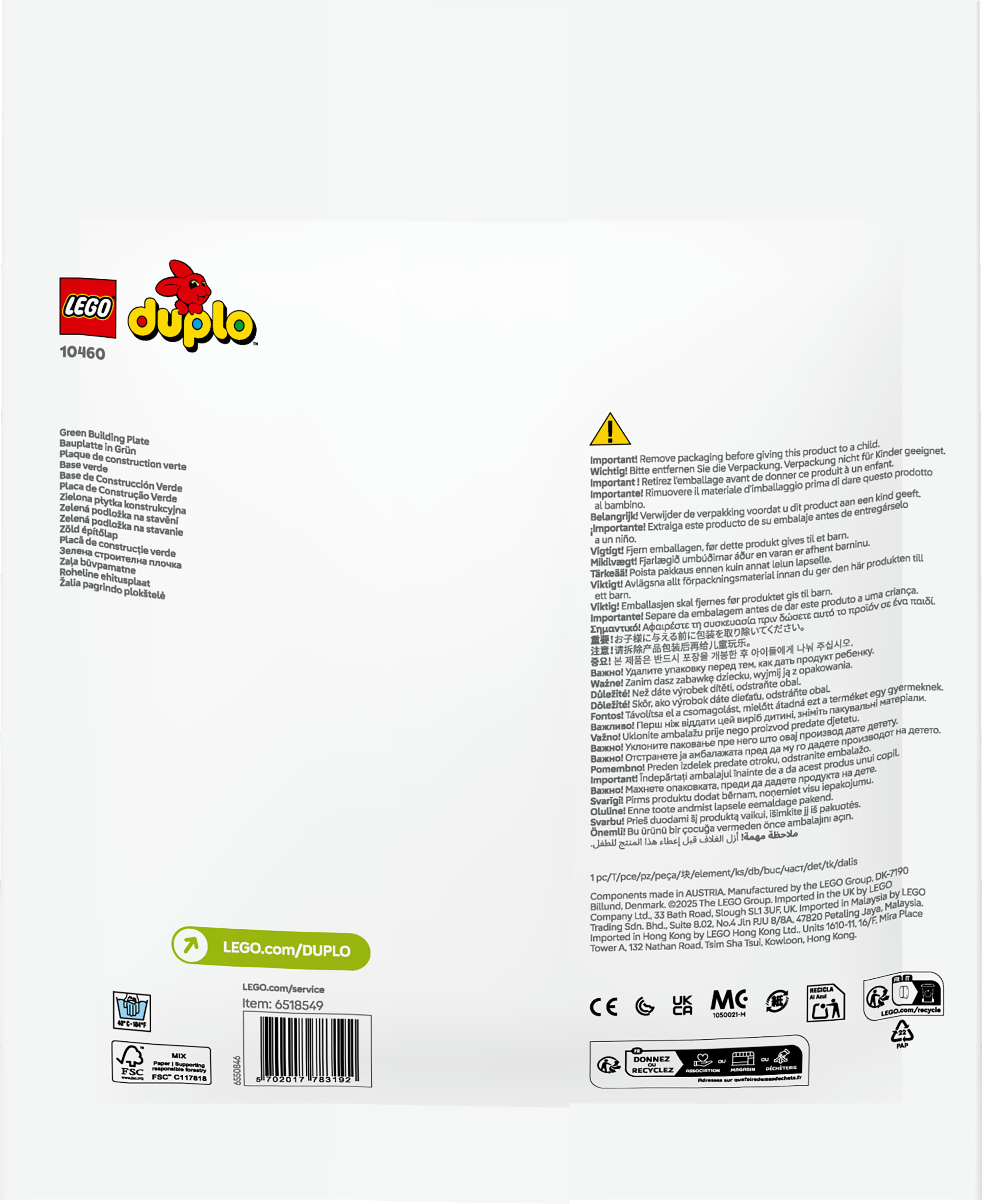 Pudełko Lego Duplo. Ma zielony obraz płyty bazowej, widoczne logo.