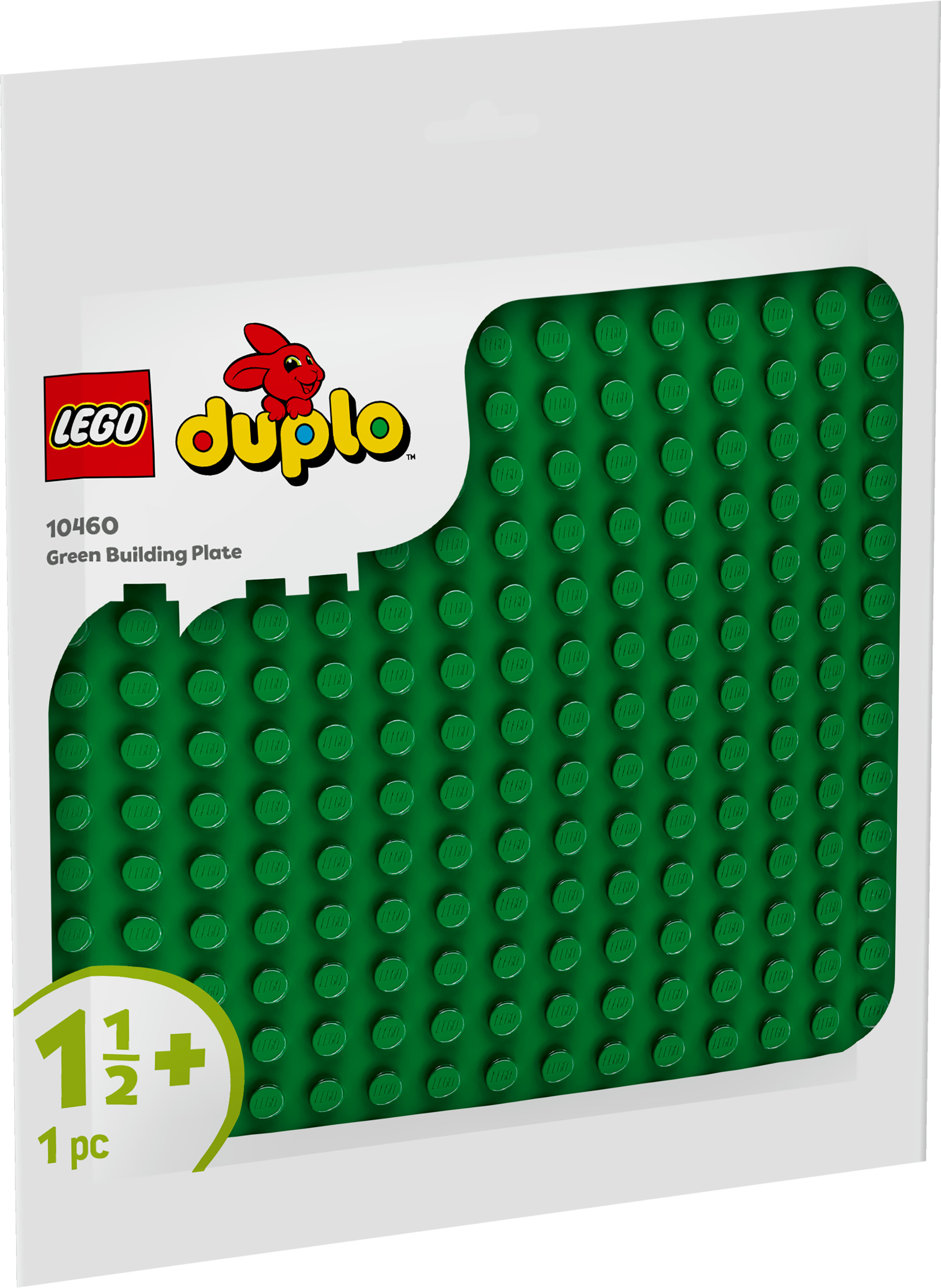 Wyświetlana jest zielona płyta konstrukcyjna Lego Duplo. Opakowanie przedstawia logo Lego i czerwonego królika.
