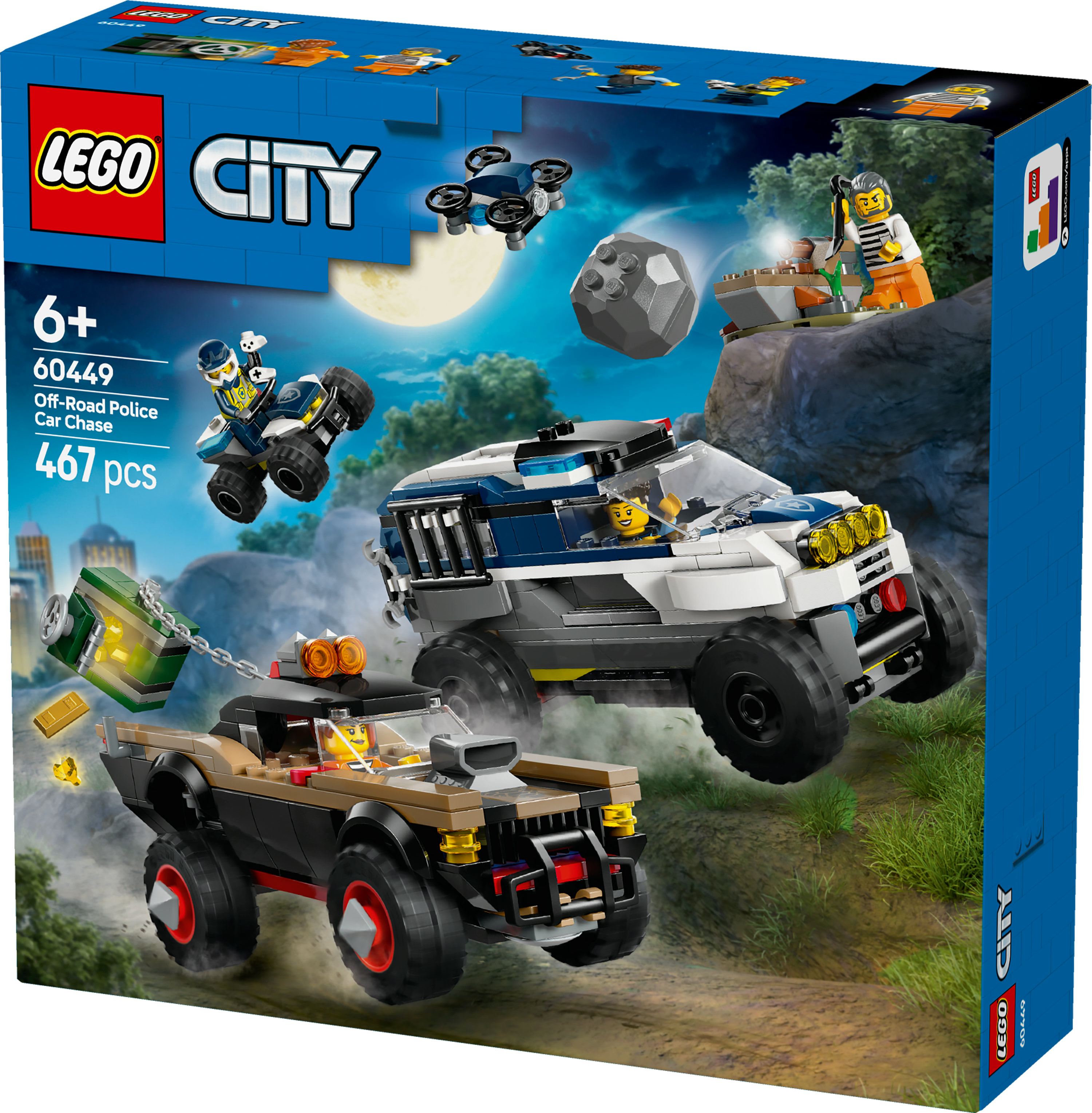 Pudełko zestawu LEGO City. Przedstawia pościg policyjny z pojazdami, figurkami i skalistym tłem.