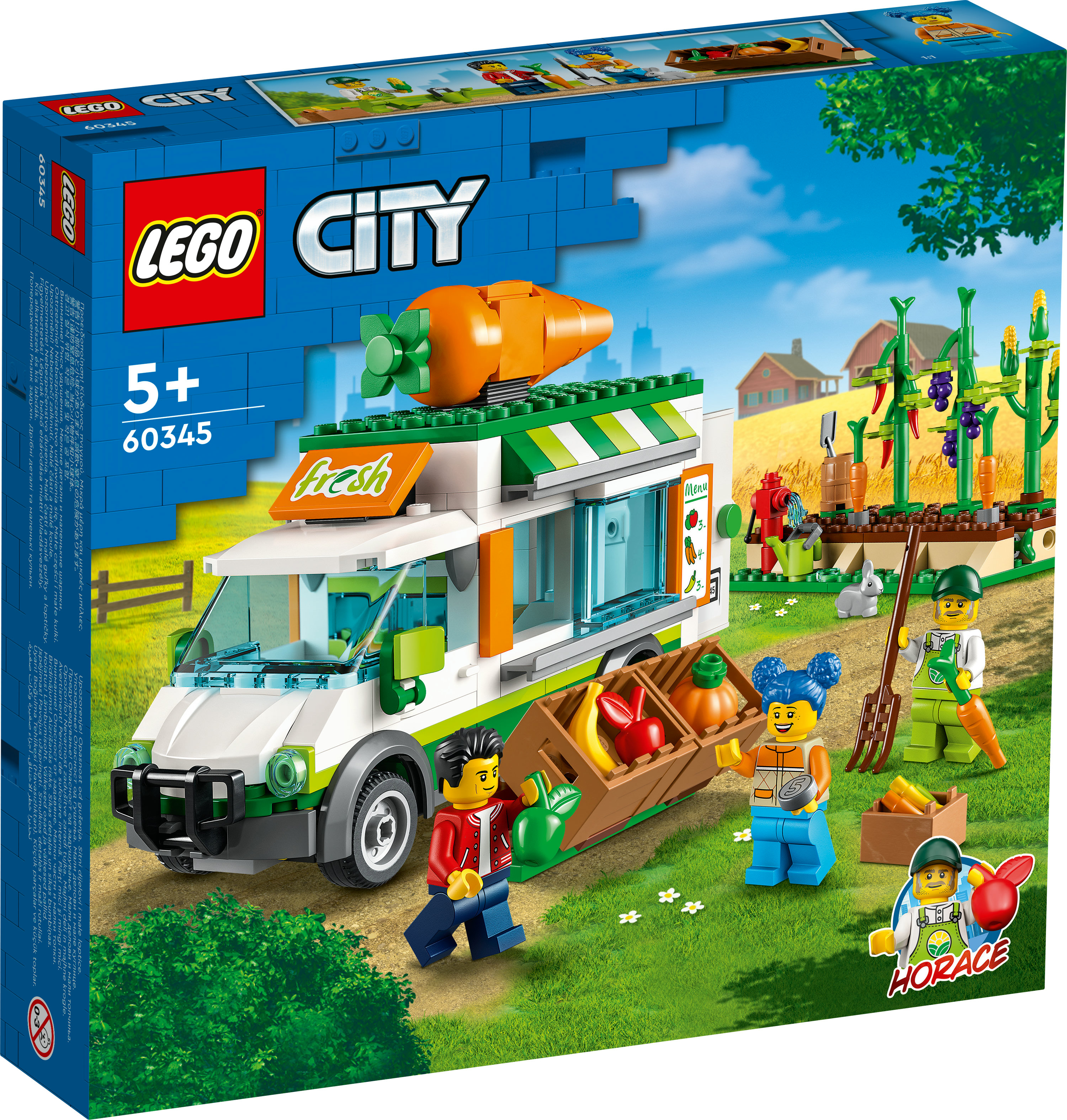 Zestaw Lego City z ciężarówką warzywną i minifigurkami w gospodarstwie.