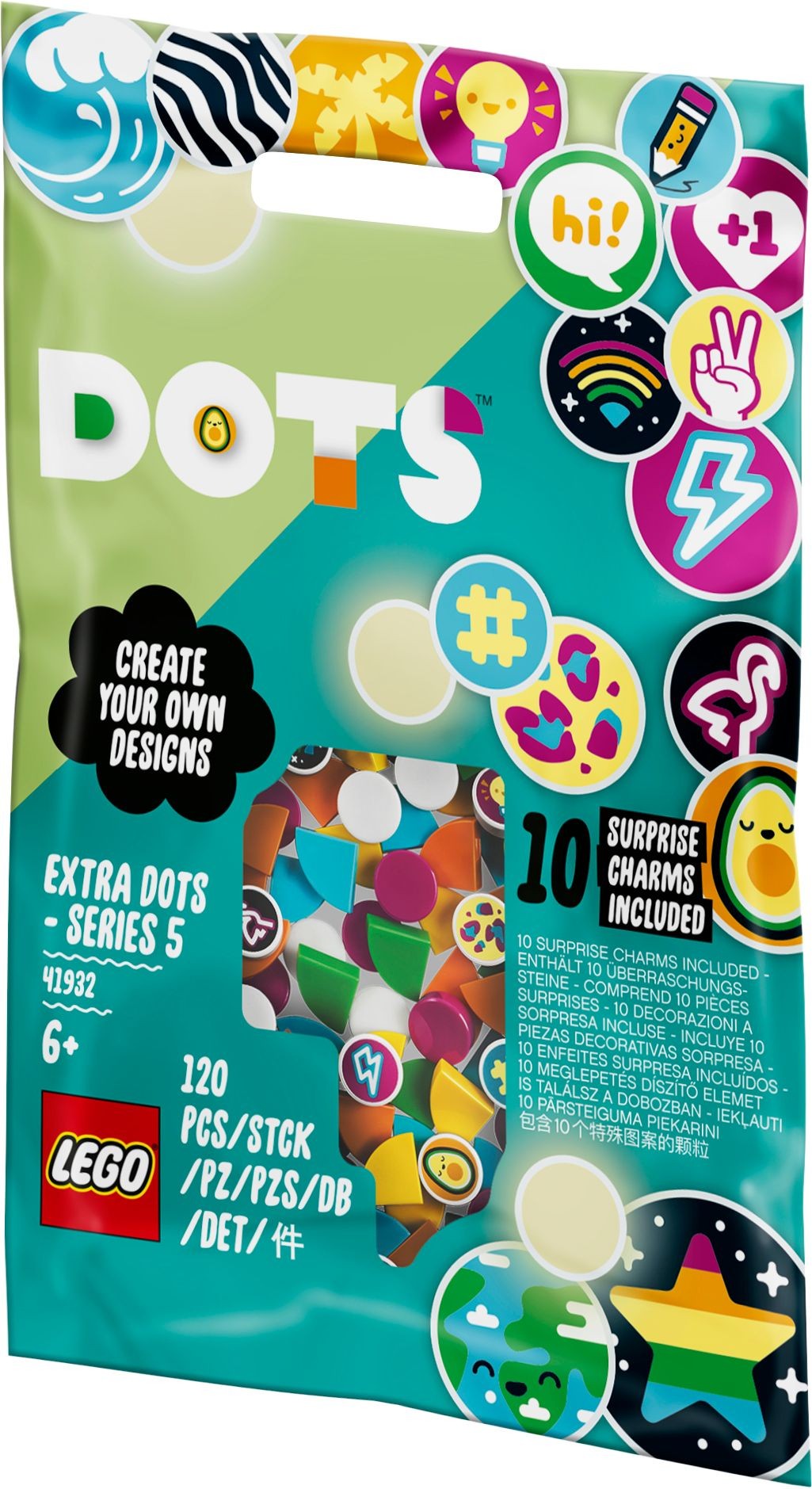 Opakowanie LEGO Dots Seria 5. Pokazuje kolorowe zawieszki, słowo DOTS i ikony. Zawiera tekst 'Create Your Own Designs' i 'Surprise Charms Included'.
