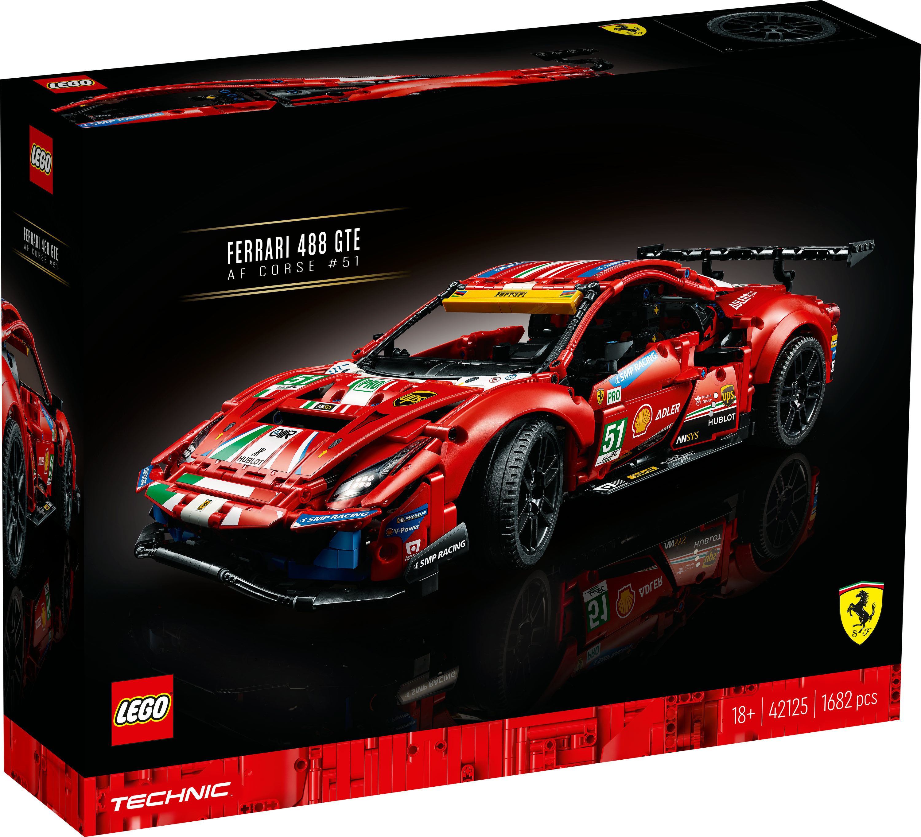 Pudełko Lego z czerwonym samochodem wyścigowym Ferrari 488 GTE. Pudełko przedstawia samochód z logo sponsorów i logo Lego.