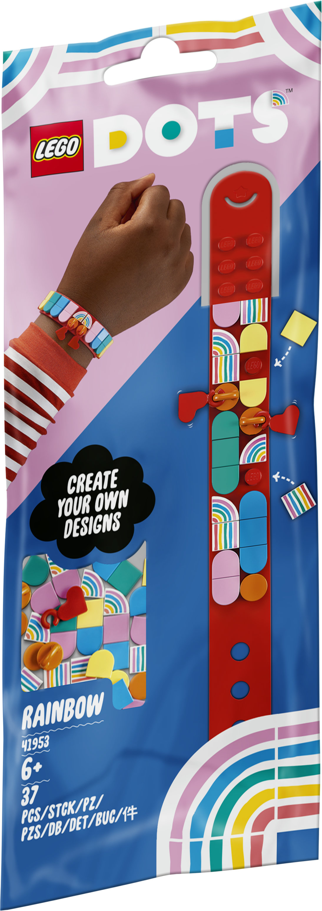 Zestaw bransoletki LEGO Dots. Dłoń nosi bransoletkę z tęczowymi wzorami. Zestaw pokazuje kolorowe elementy.